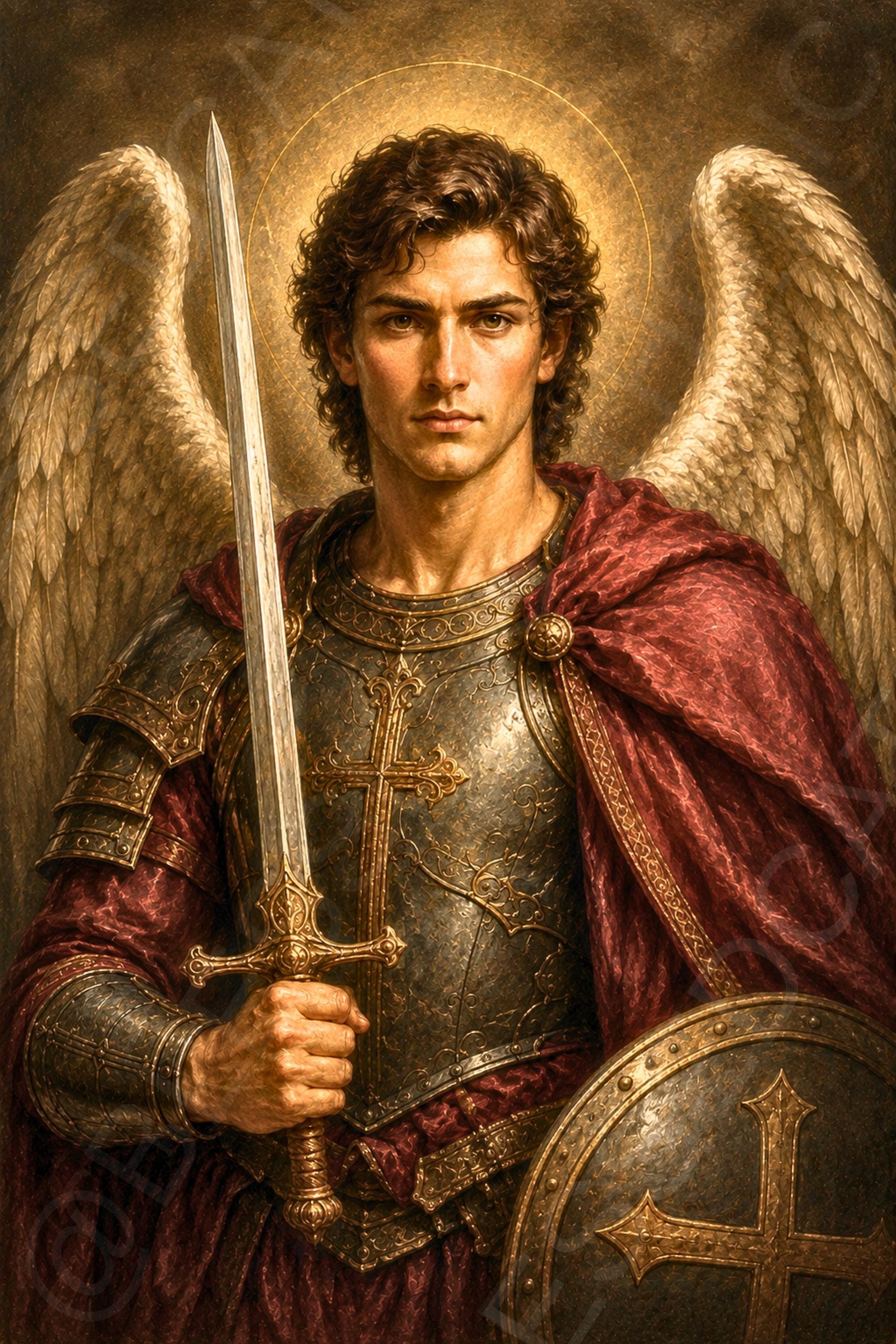 Saint Michael the Archangel stands in armor with a crimson cloak, golden halo, white wings, upright sword, and shield marked with a cross.