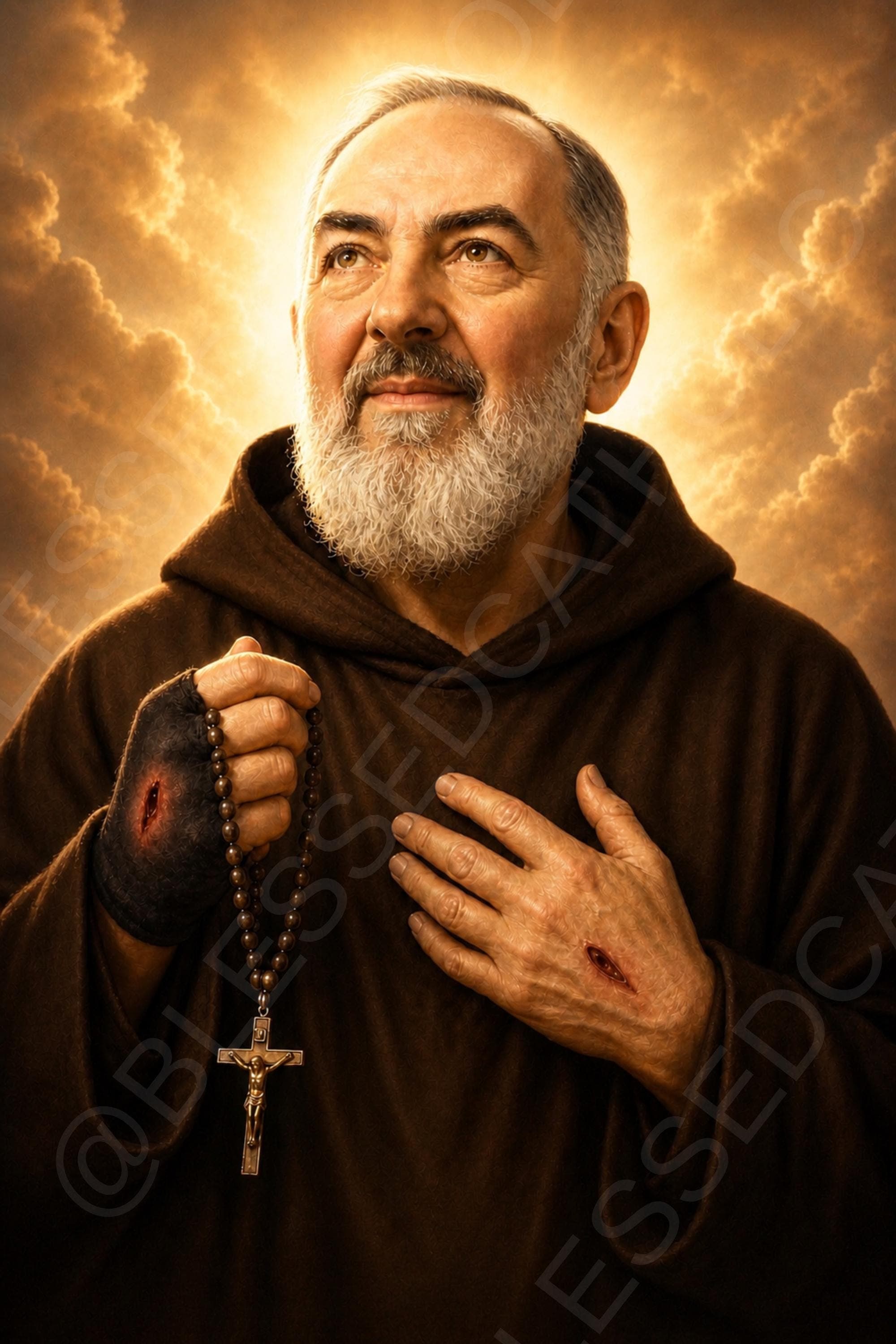 Saint Padre Pio gazes upward in a brown Capuchin habit, holding a rosary and crucifix, with visible stigmata on his hands before golden clouds.