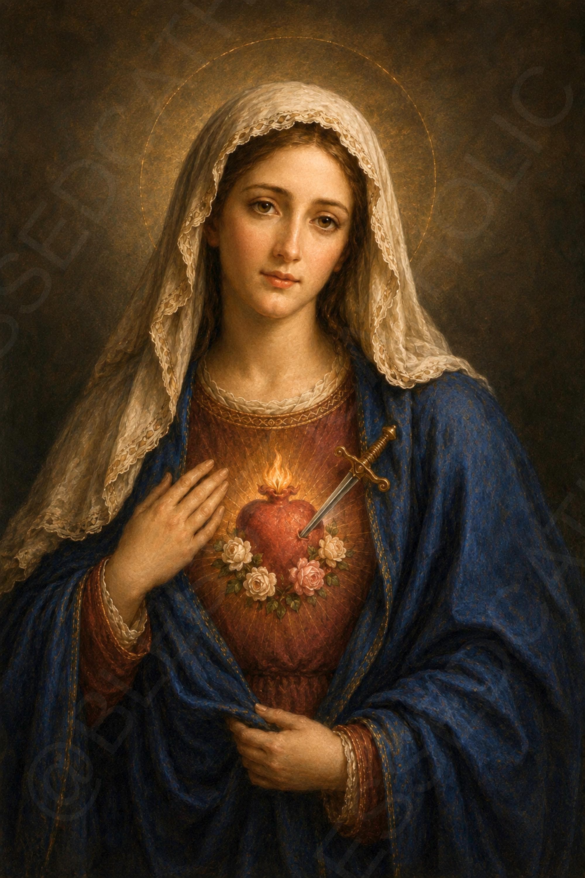 The Blessed Virgin Mary gazes gently forward in a blue mantle and ivory veil, with a halo and her radiant Immaculate Heart crowned by flame, encircled with roses, and pierced by a sword.