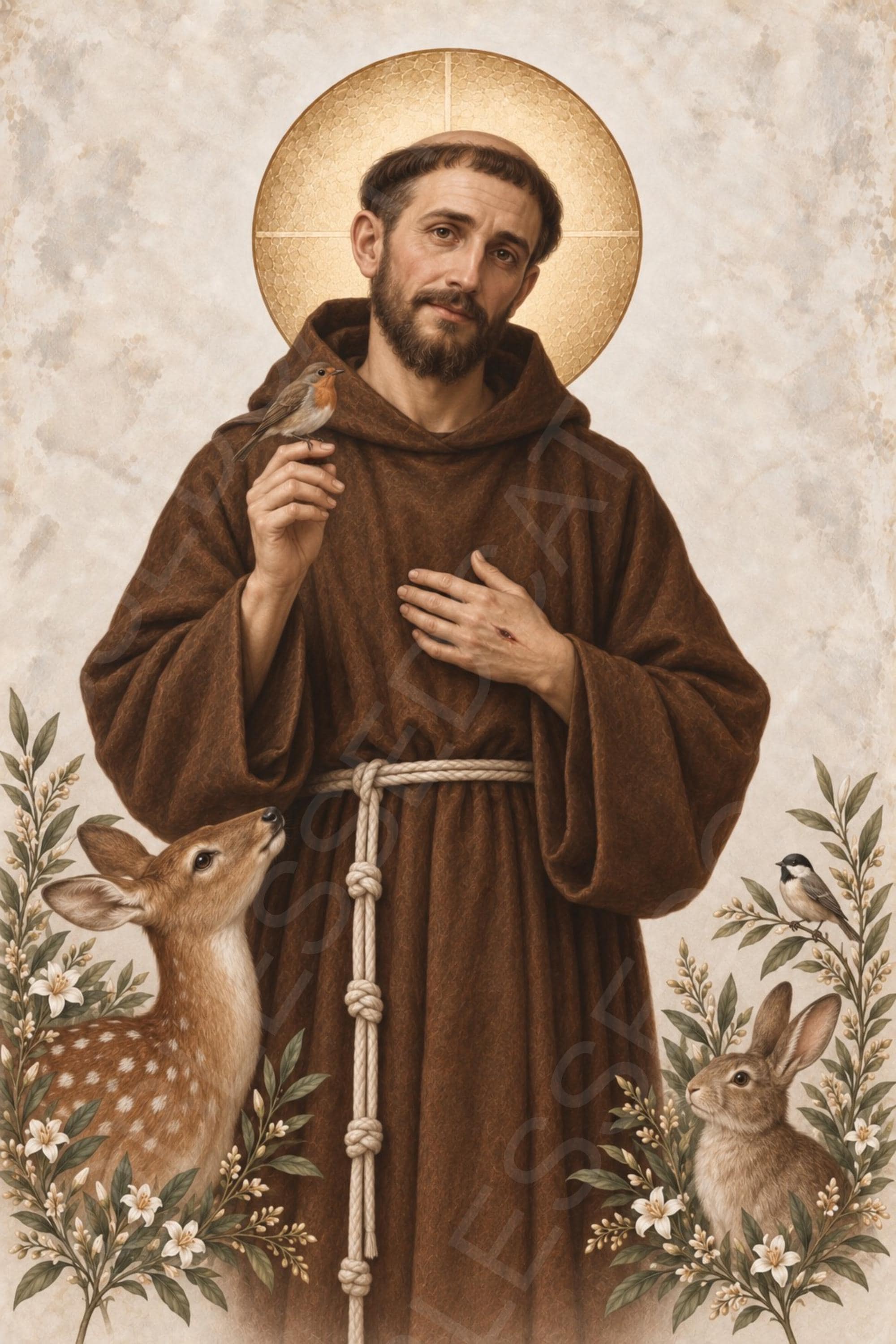 Saint Francis of Assisi stands in a brown Franciscan habit with a golden halo, holding a small bird as a deer, rabbit, flowers, and another bird surround him.