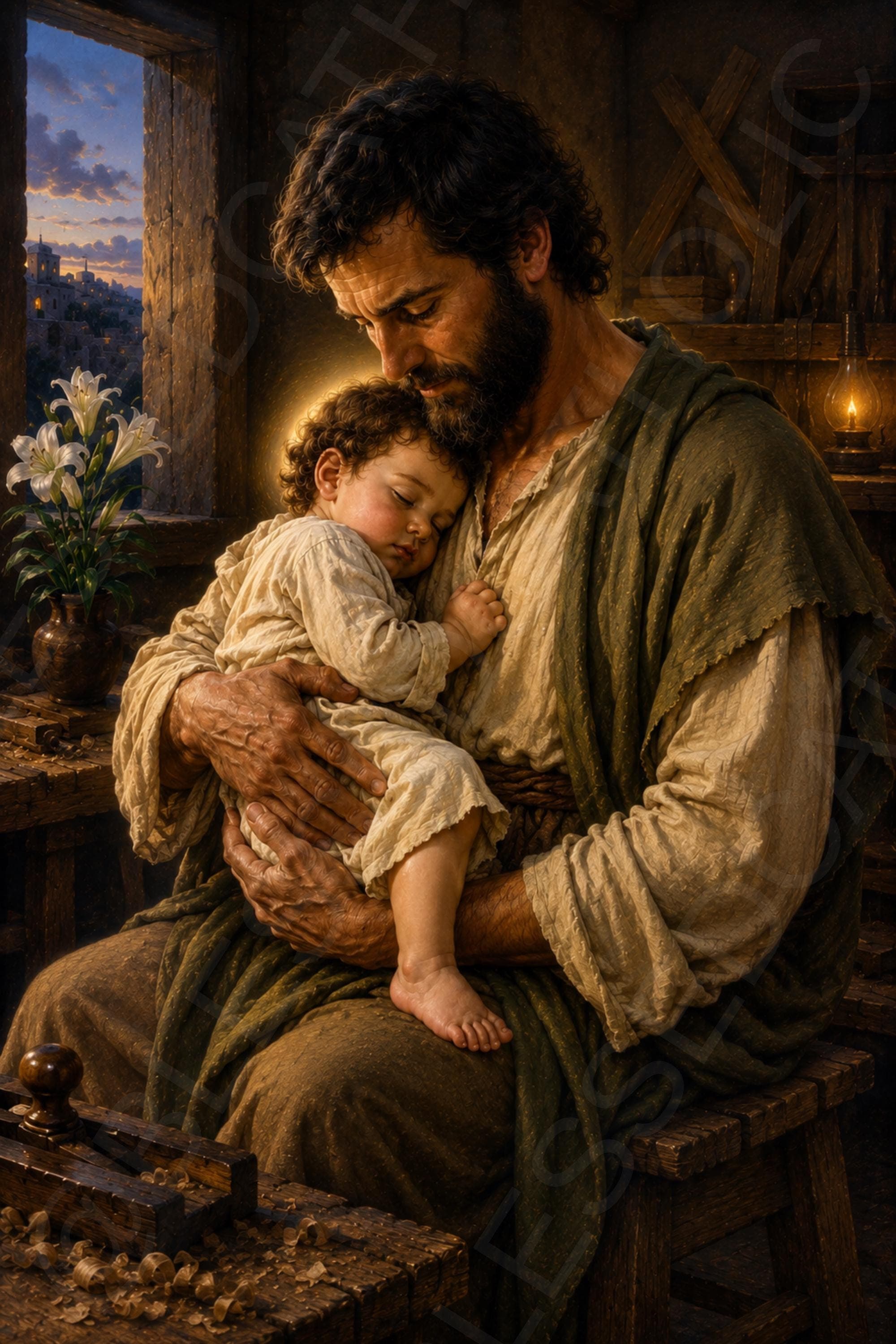 Saint Joseph holding Child Jesus Printable: Guardian of the Redeemer Wall Art (Digital Download)