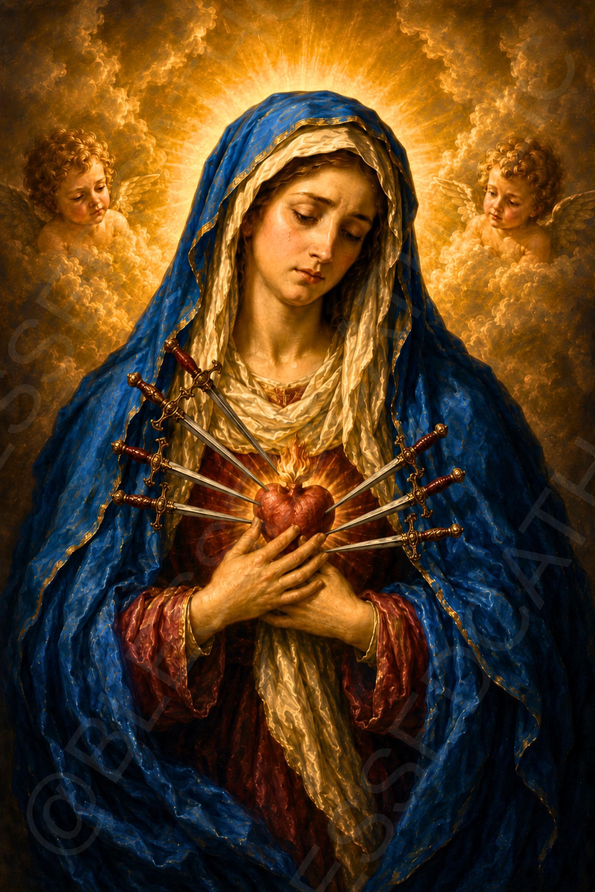 Our Lady of Sorrows gazes downward with a tear on her cheek, holding her sorrowful heart pierced by seven swords as cherubs appear in radiant clouds.