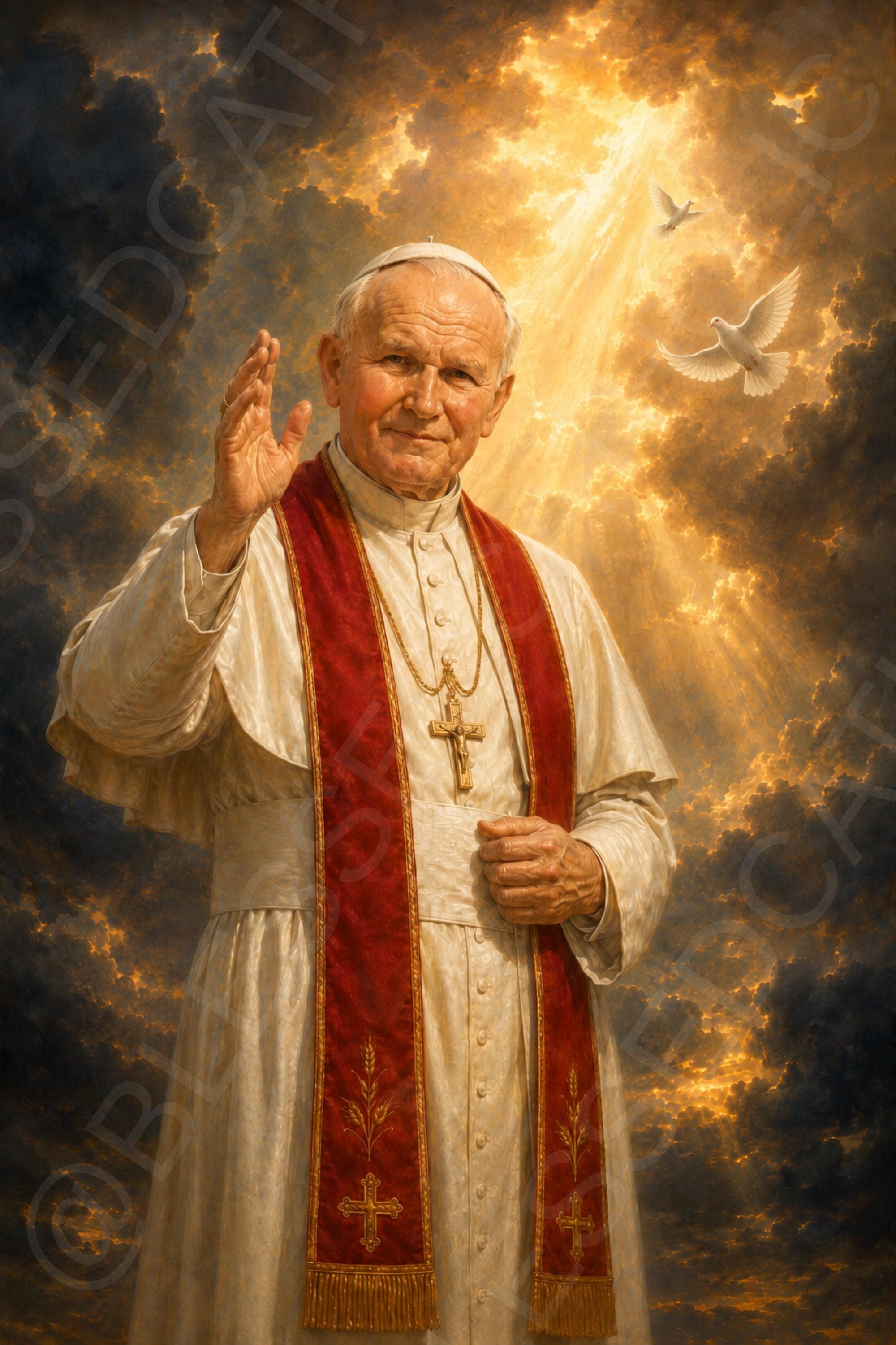 Saint John Paul II stands in a white papal cassock and red stole, raising one hand in blessing beneath golden clouds with two white doves.
