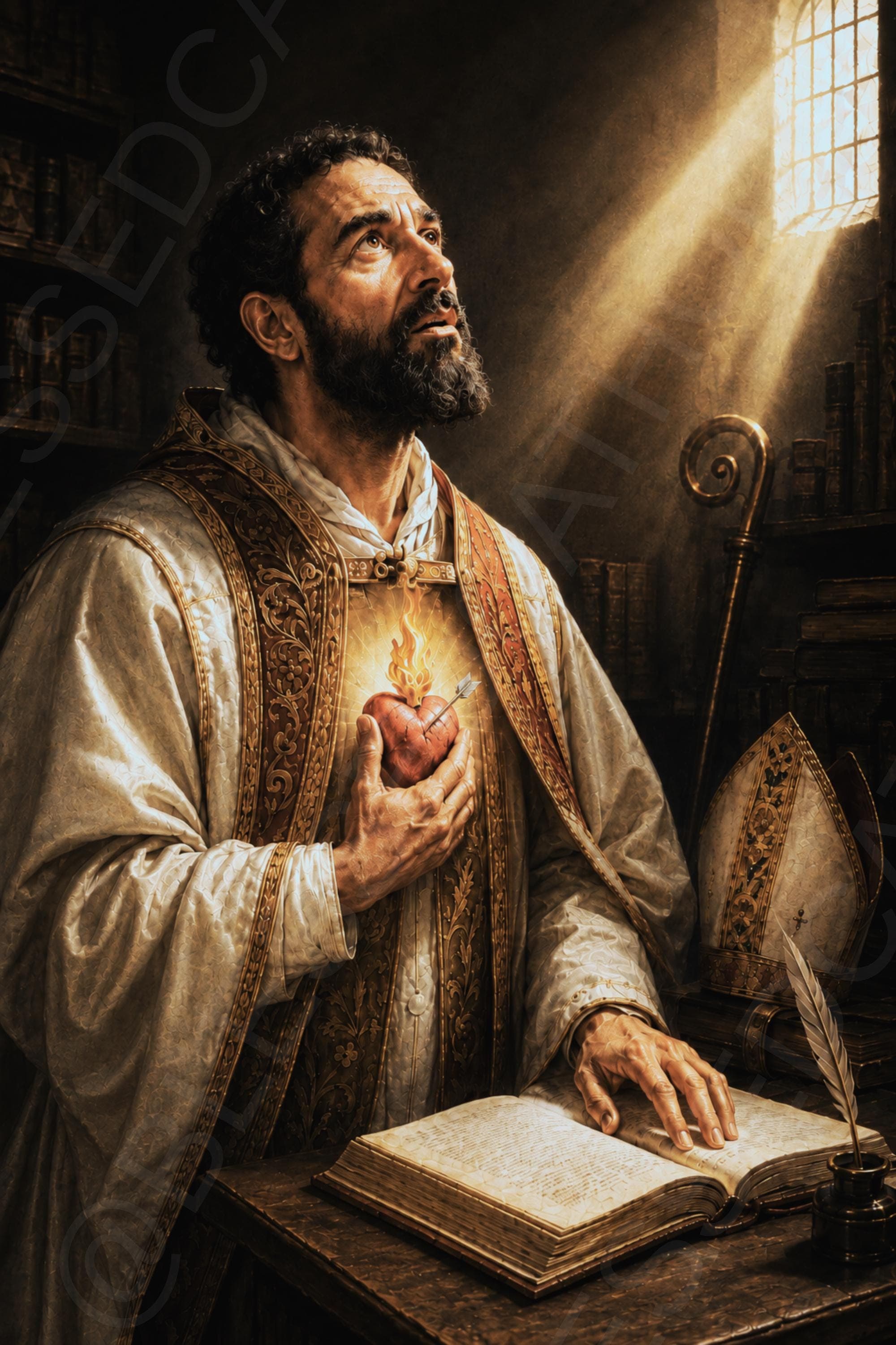 Saint Augustine of Hippo gazes toward heavenly light while holding a flaming heart pierced by an arrow, with an open manuscript, quill, mitre, and crozier nearby.