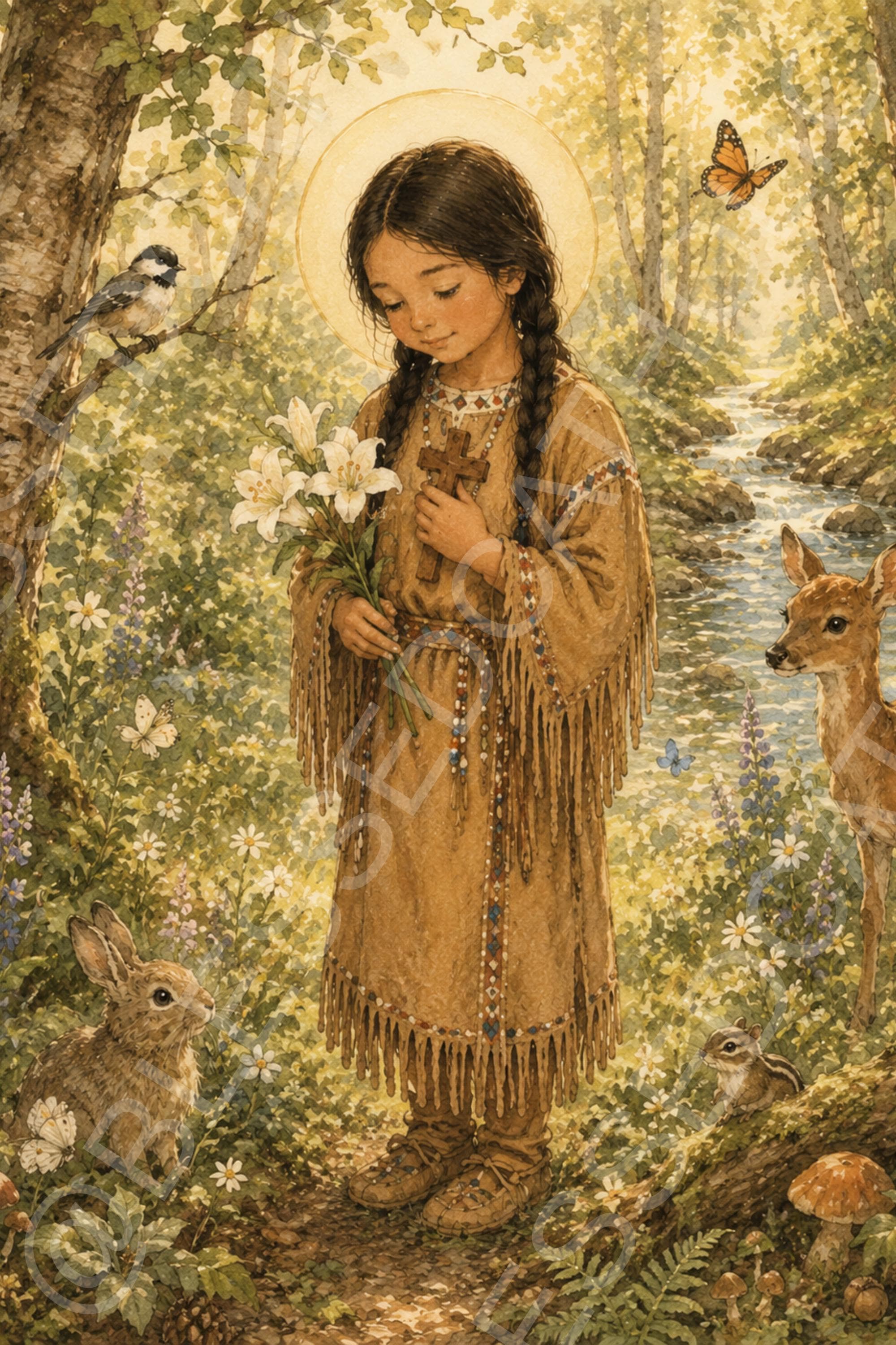 Saint Kateri Tekakwitha is shown as a haloed child in a woodland, holding white lilies and a wooden cross beside a stream and forest animals.