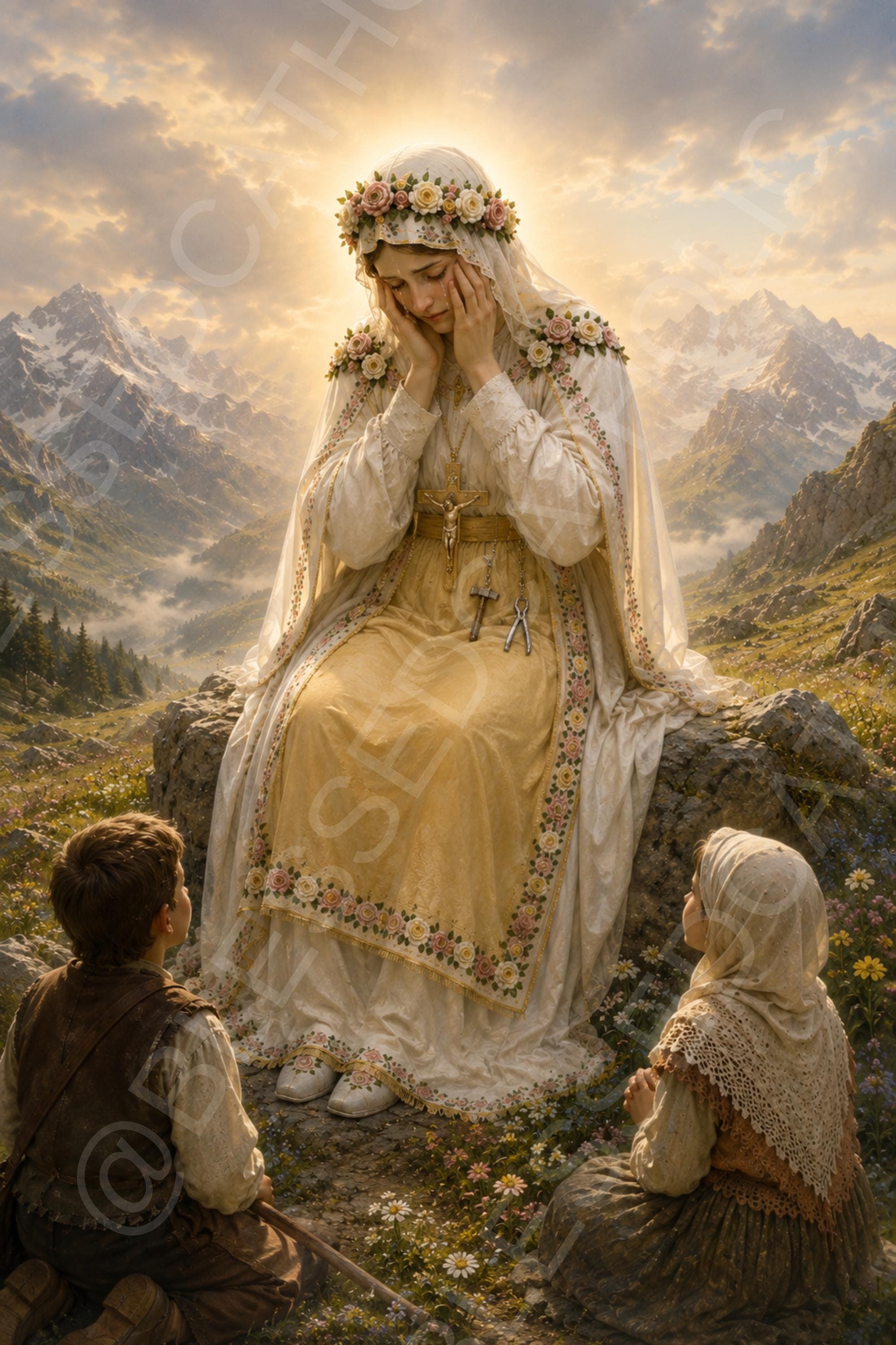 Our Lady of La Salette sits weeping on a stone in an Alpine meadow before two children, wearing a floral crown and a crucifix with a hammer and pincers.