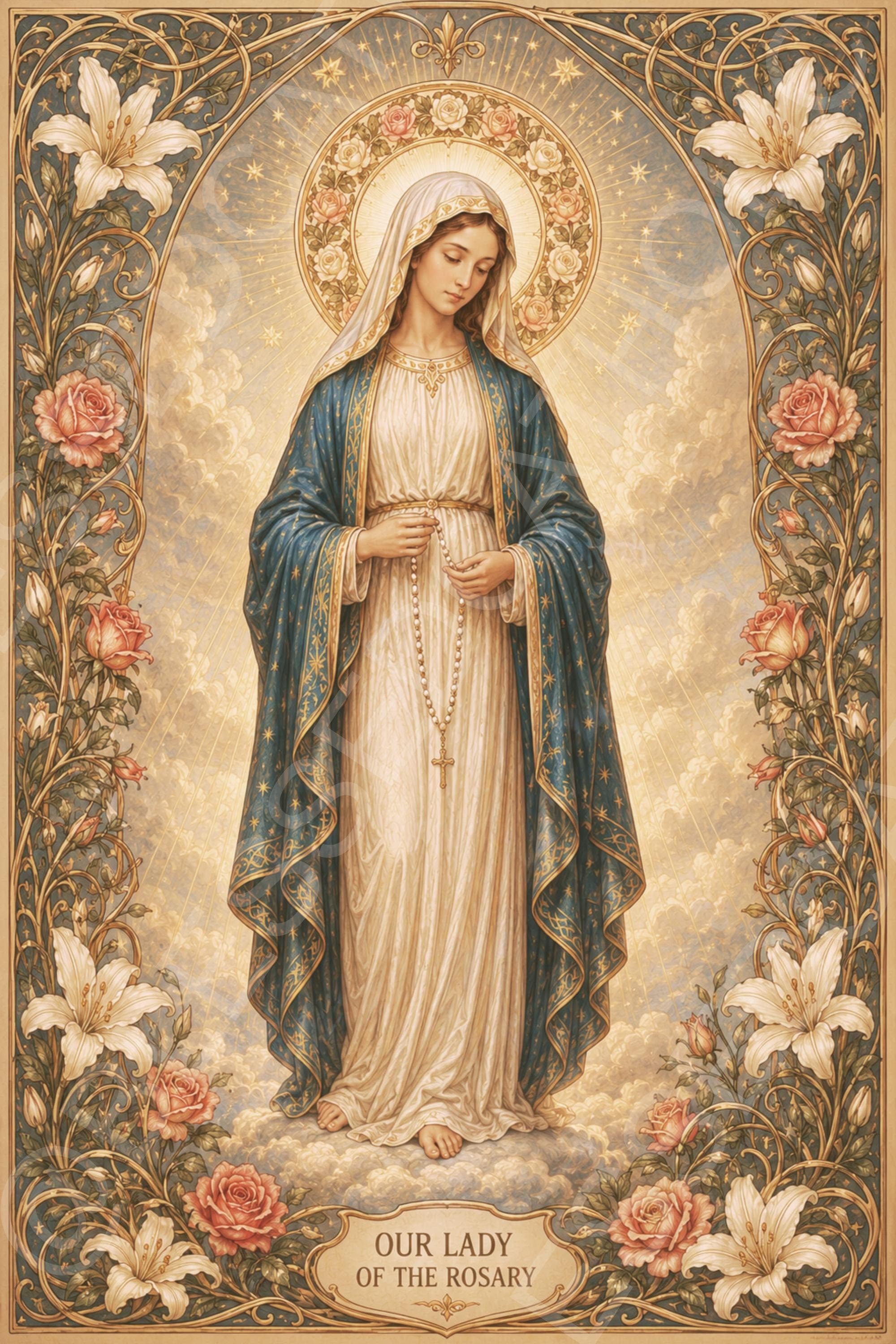 Our Lady of the Rosary stands on clouds holding a rosary, wearing a white gown and blue mantle within a floral Art Nouveau border of lilies and roses.
