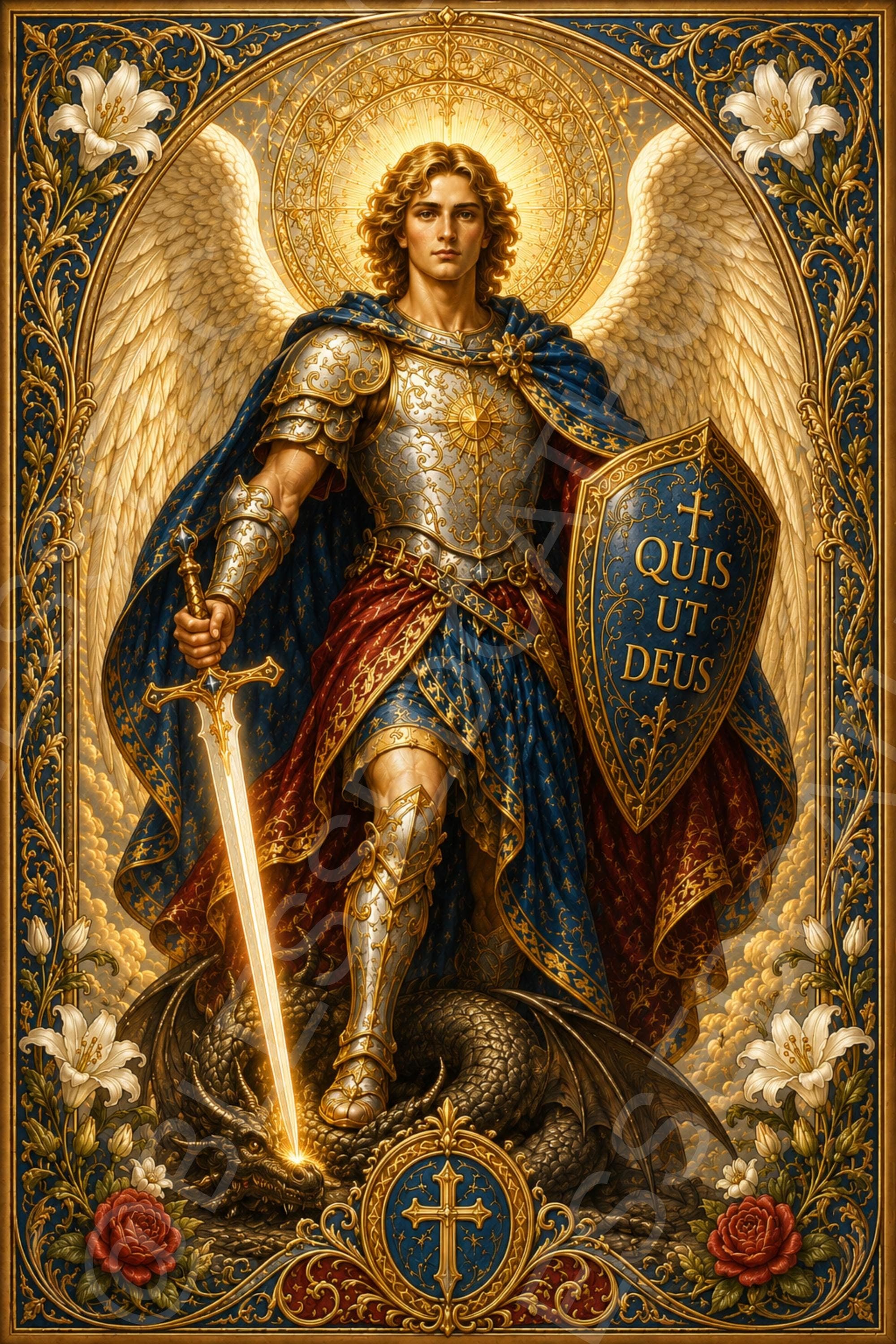 Saint Michael the Archangel stands in armor with radiant wings, a glowing sword, and a blue shield inscribed Quis ut Deus above a defeated dragon.