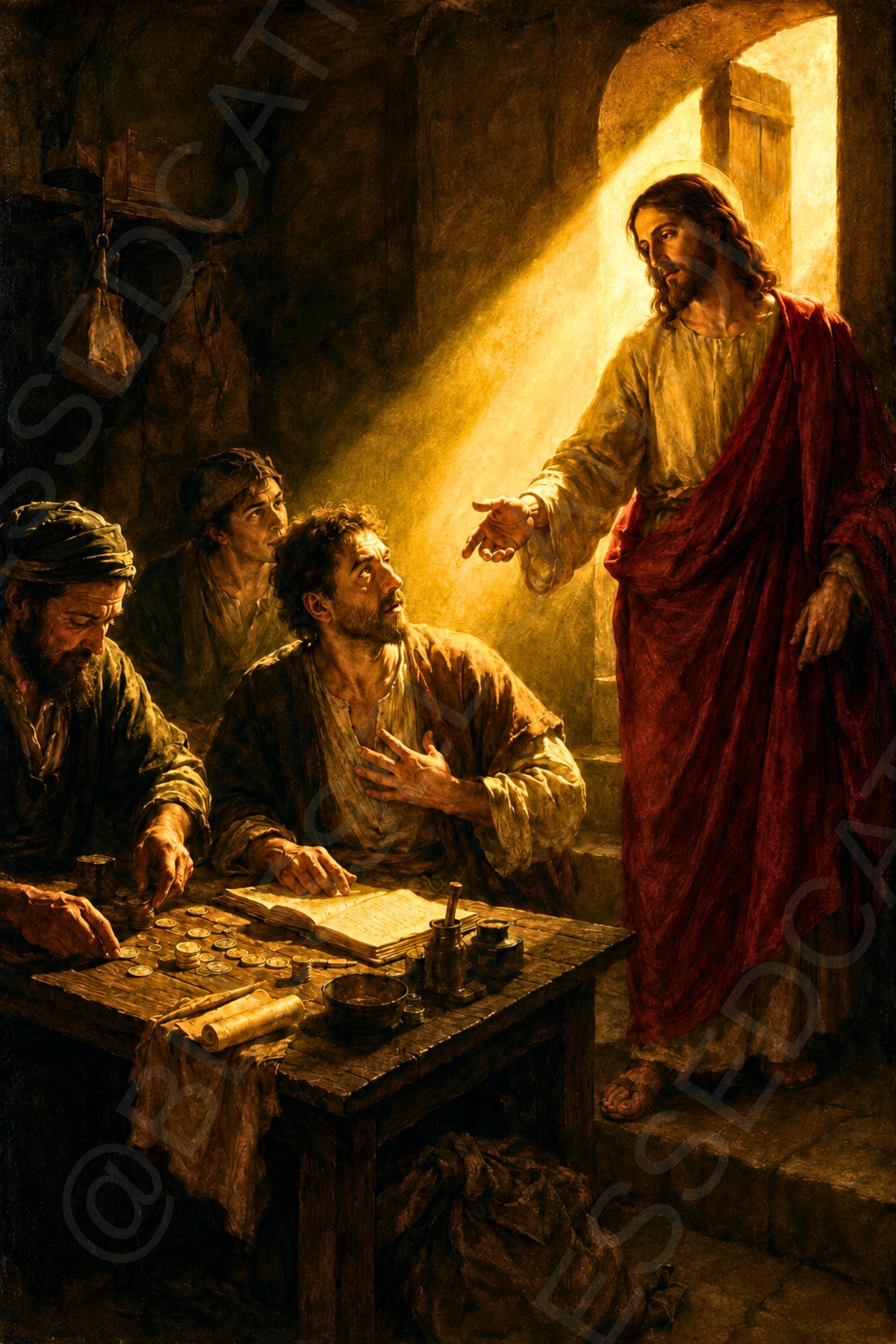 Christ extends His hand toward Saint Matthew at a tax table with coins, ledgers, and ink vessels as warm light enters through an open doorway.