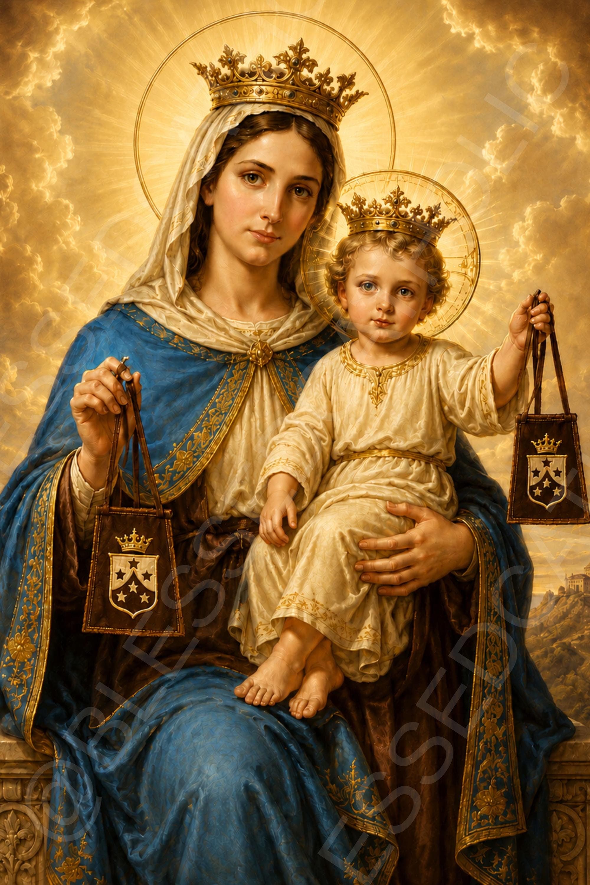 Our Lady of Mount Carmel sits crowned with the Infant Jesus, both haloed and holding Brown Scapulars against a radiant golden sky.