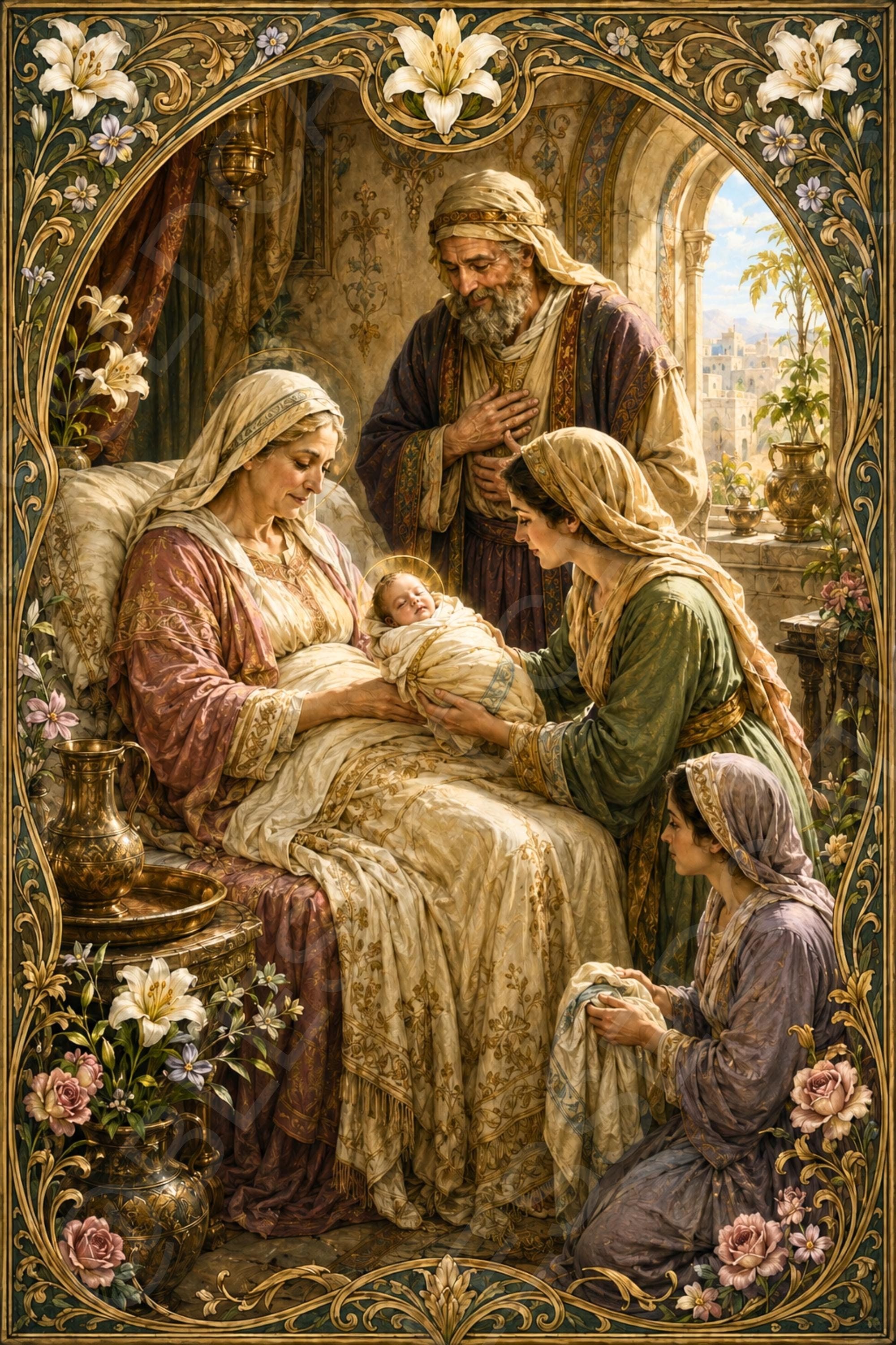 The newborn Blessed Virgin Mary rests with a halo beside Saint Anne as Saint Joachim and attendants gather in a richly ornamented chamber framed by lilies and flowers.