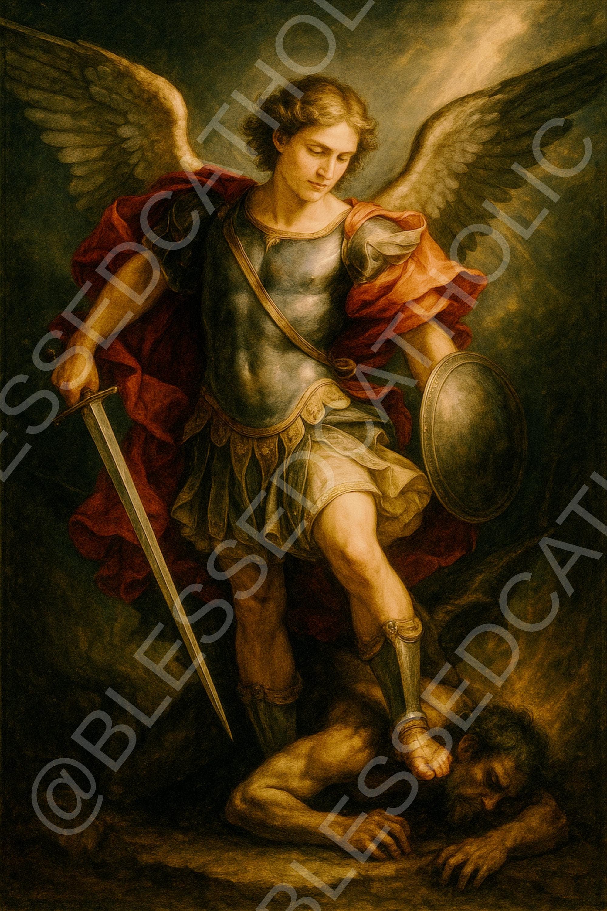 Saint Michael the Archangel stands in armor with outstretched wings, holding a sword and shield while placing his foot on a defeated figure.