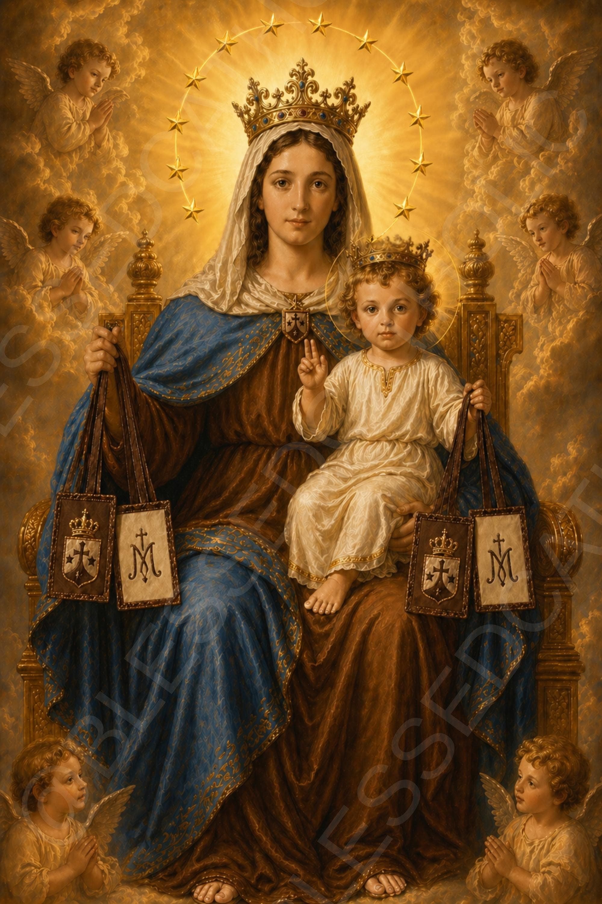 Our Lady of Mount Carmel sits crowned on a golden throne with the crowned Christ Child, Brown Scapulars, a circle of stars, and praying angels in luminous clouds.