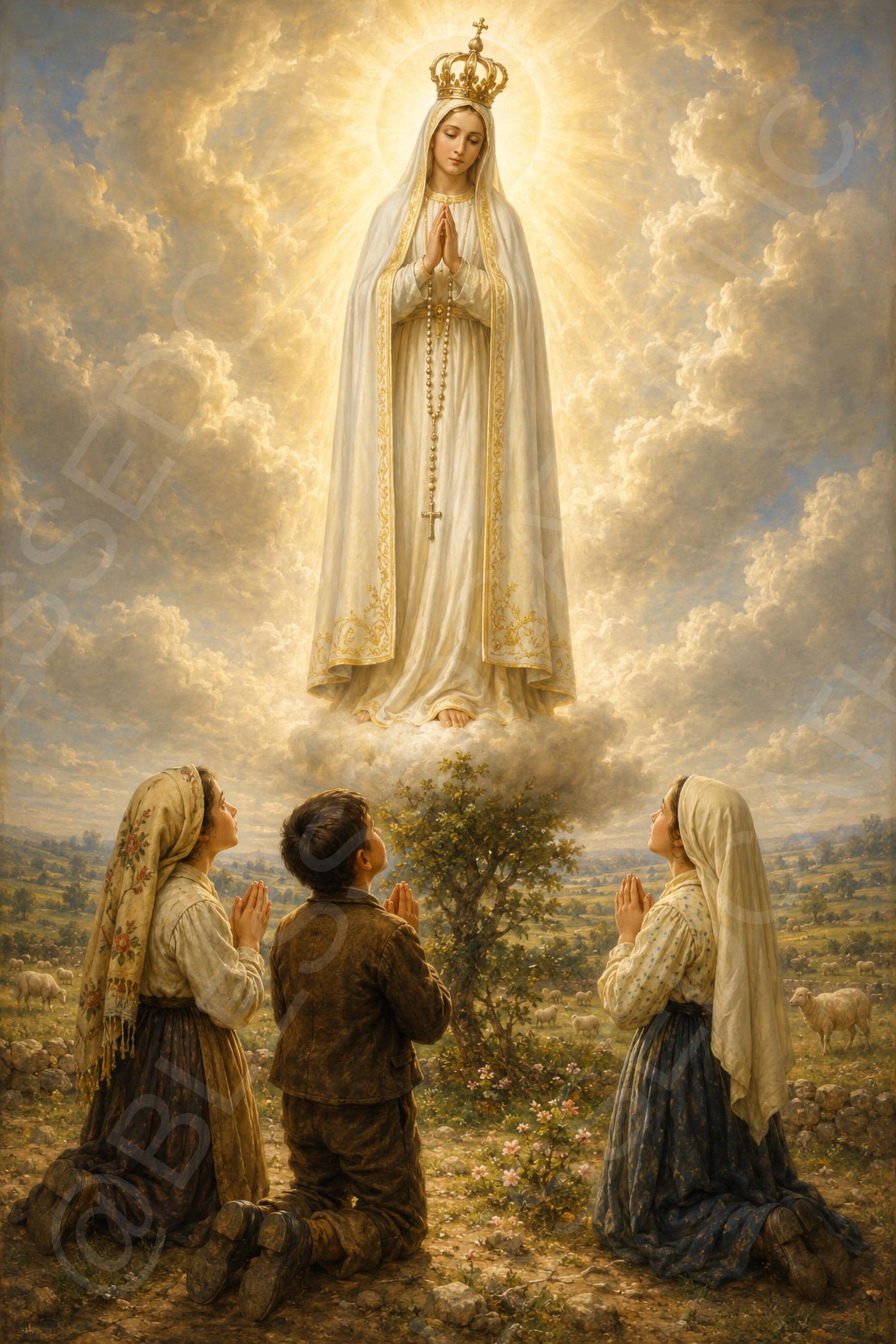 Our Lady of Fátima appears in radiant clouds wearing a white mantle, crown, and rosary as three shepherd children kneel in prayer below.