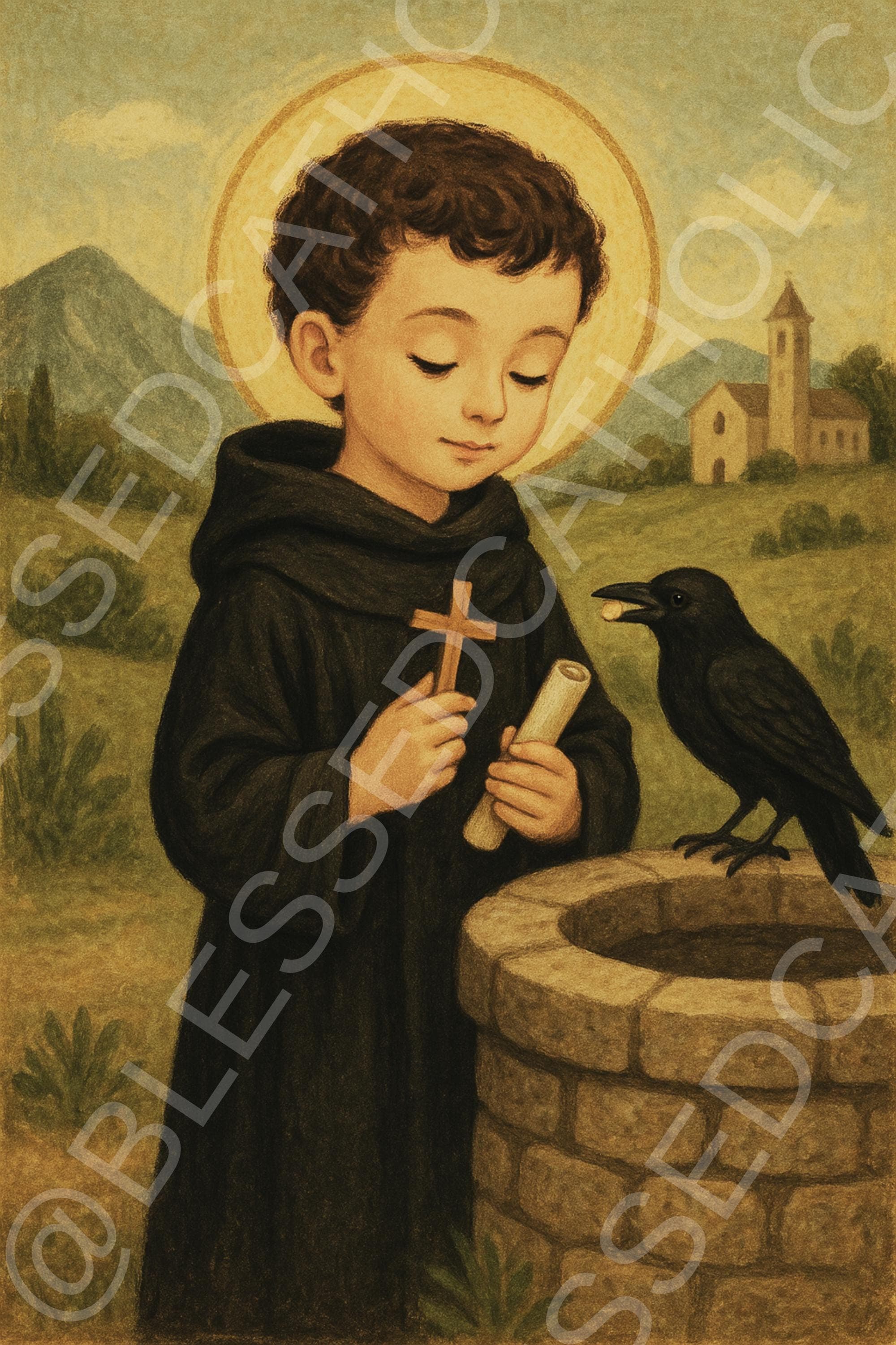 Little Saint Benedict stands in a black habit with a halo, holding a cross and scroll beside a raven with a crumb near a stone well and distant church.