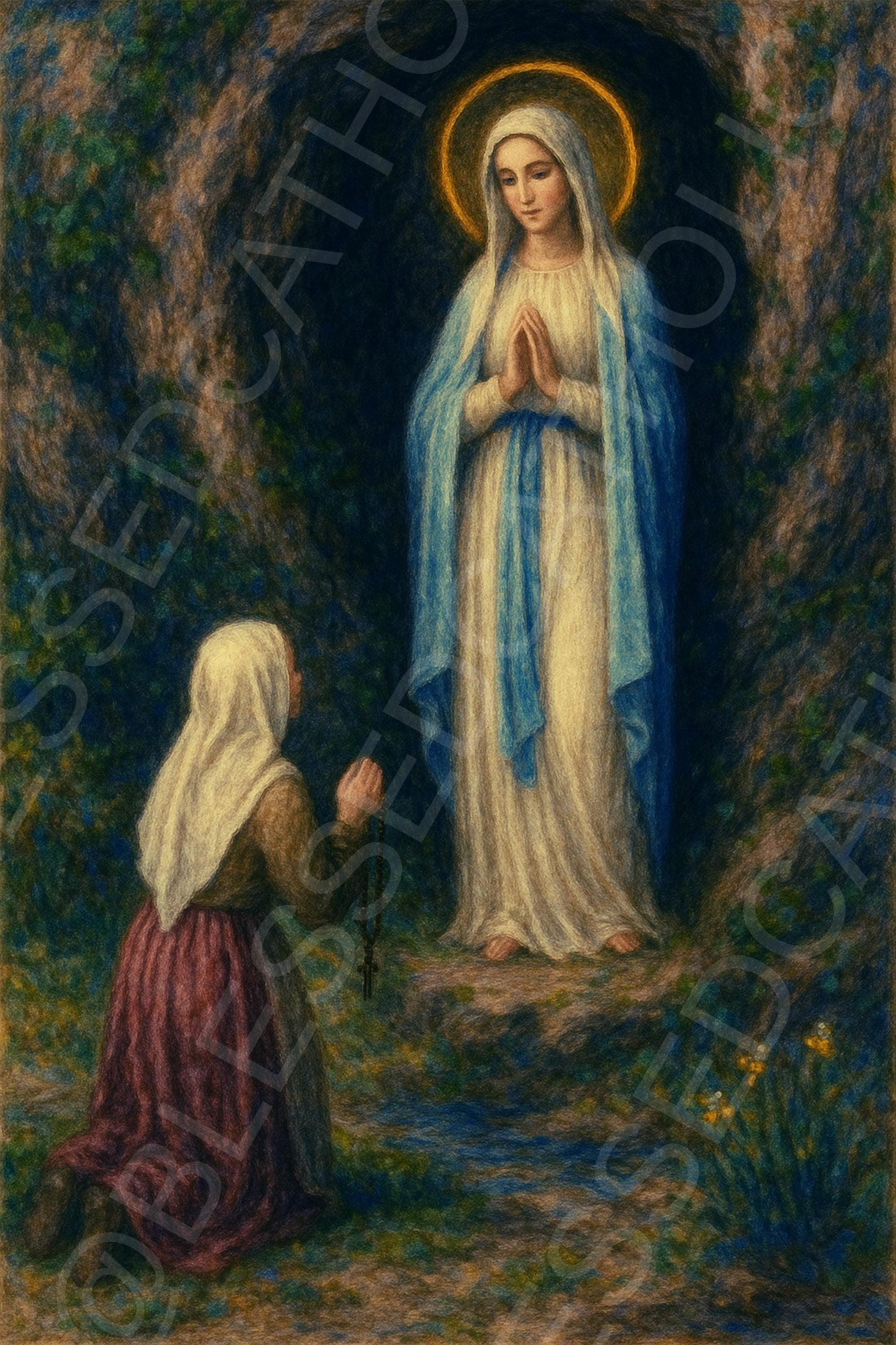 Our Lady of Lourdes stands in a rocky grotto with hands joined in prayer as Saint Bernadette kneels before her holding a rosary.