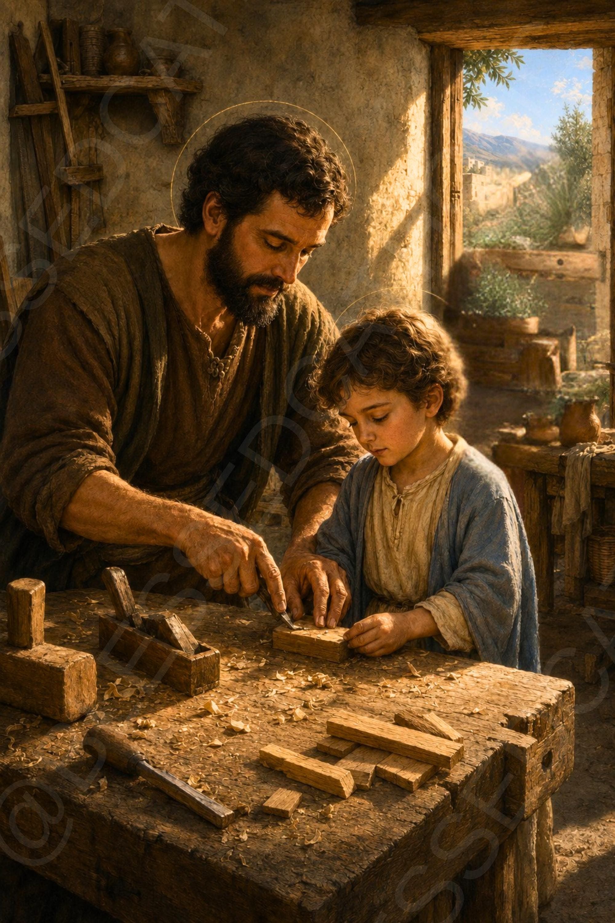 Saint Joseph and the Child Jesus, both with halos, work together at a carpenter’s bench in a sunlit workshop with wood shavings and tools.