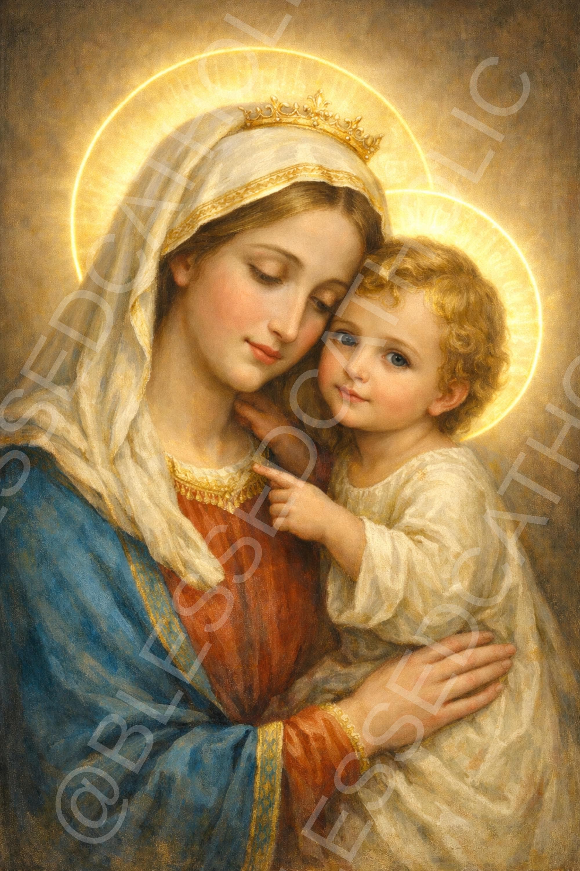 Our Lady of Good Counsel holds the Christ Child close, crowned and veiled, with radiant halos and the Child’s hand resting near her chin.