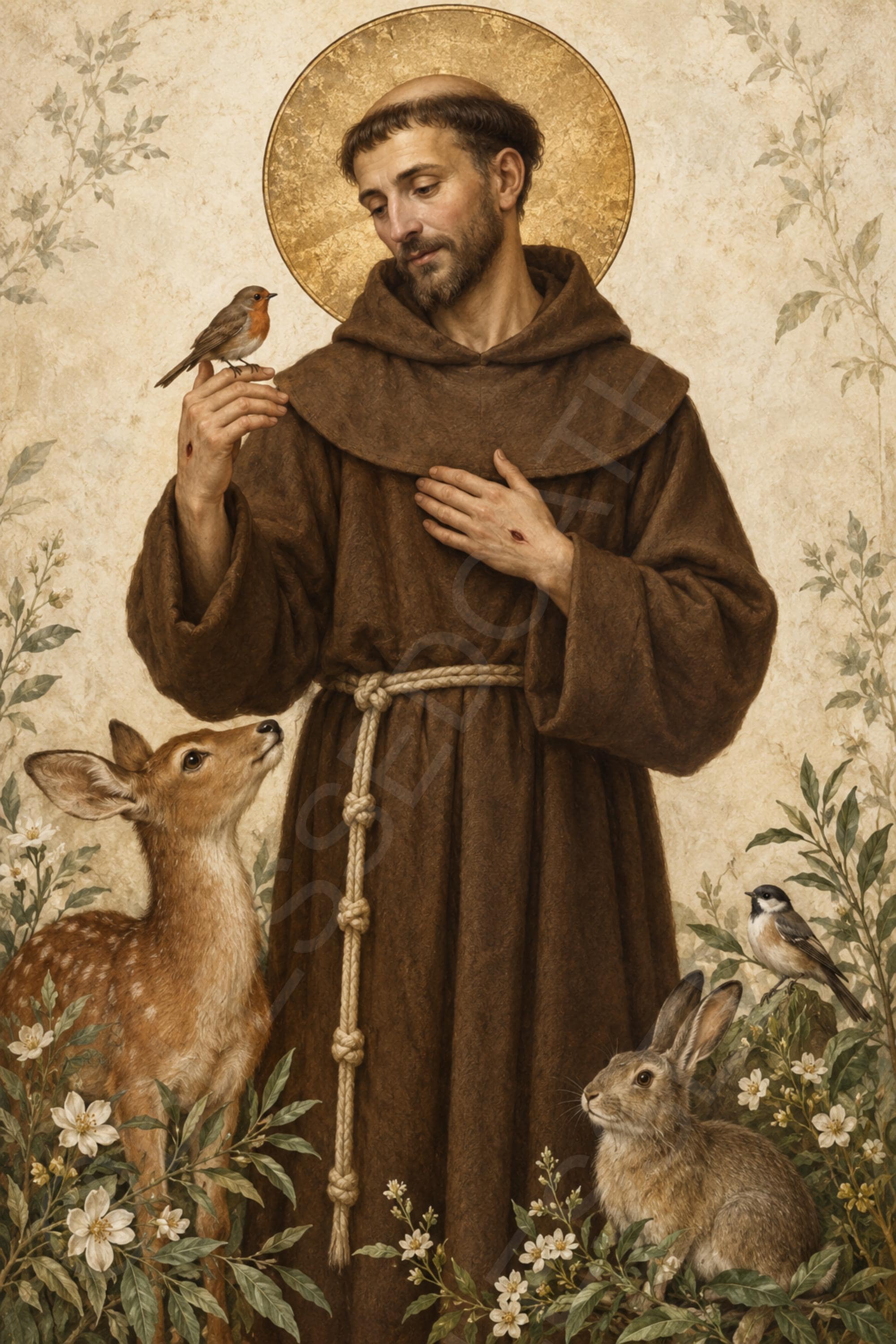 Saint Francis of Assisi wears a brown Franciscan habit with a golden halo and stigmata, holding a small bird while a deer, rabbit, and another bird gather among flowers.