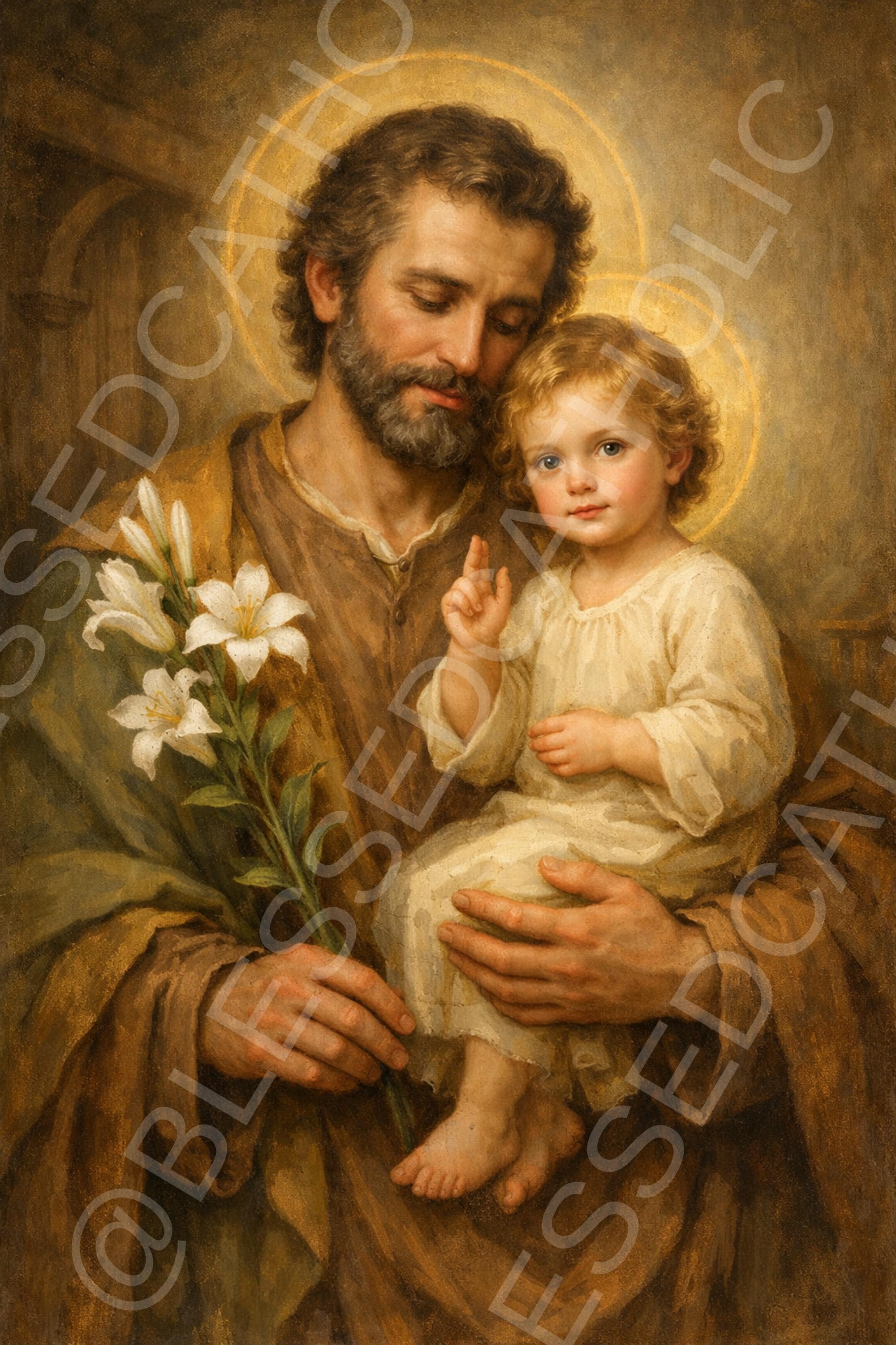 Saint Joseph holds the Child Jesus in his lap beside white lilies, both with golden halos, as the Child raises a hand in blessing.