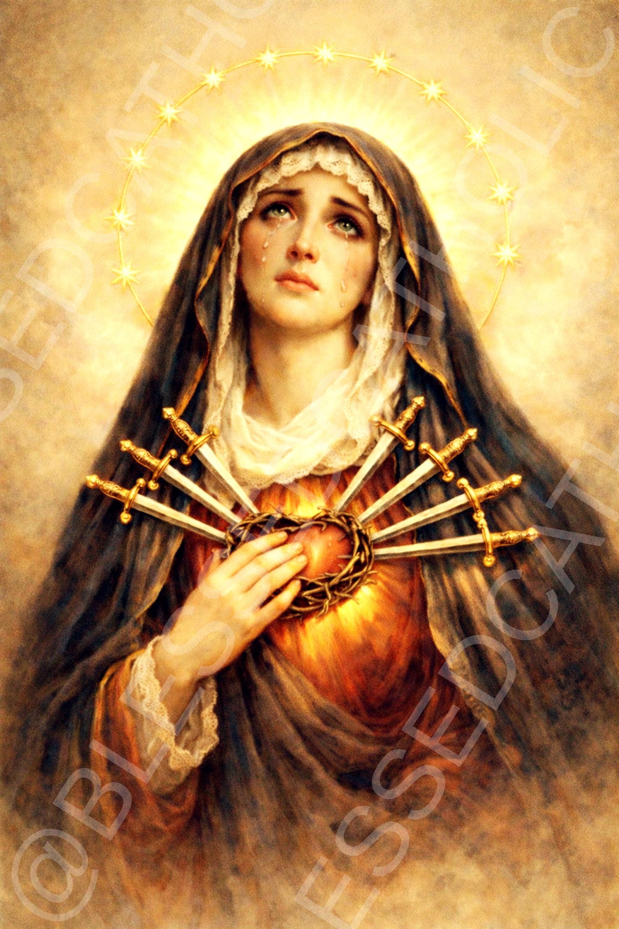 Our Lady of Sorrows gazes upward in tears, wearing a dark veil, with a radiant heart crowned with thorns, seven swords, and a halo of twelve stars.