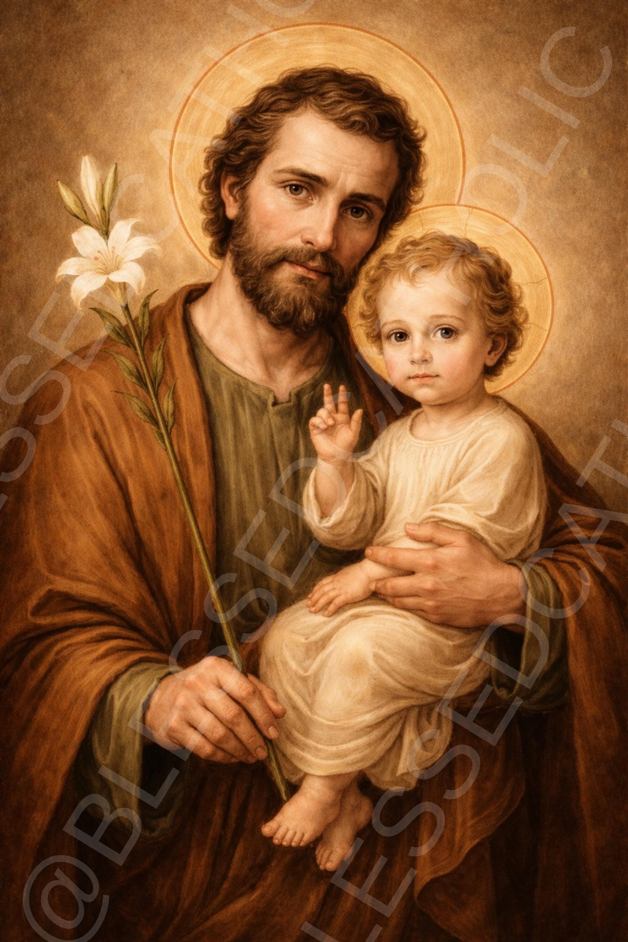 Saint Joseph holds the Child Jesus beside a white lily, both shown with golden halos as the Child raises one hand in blessing.