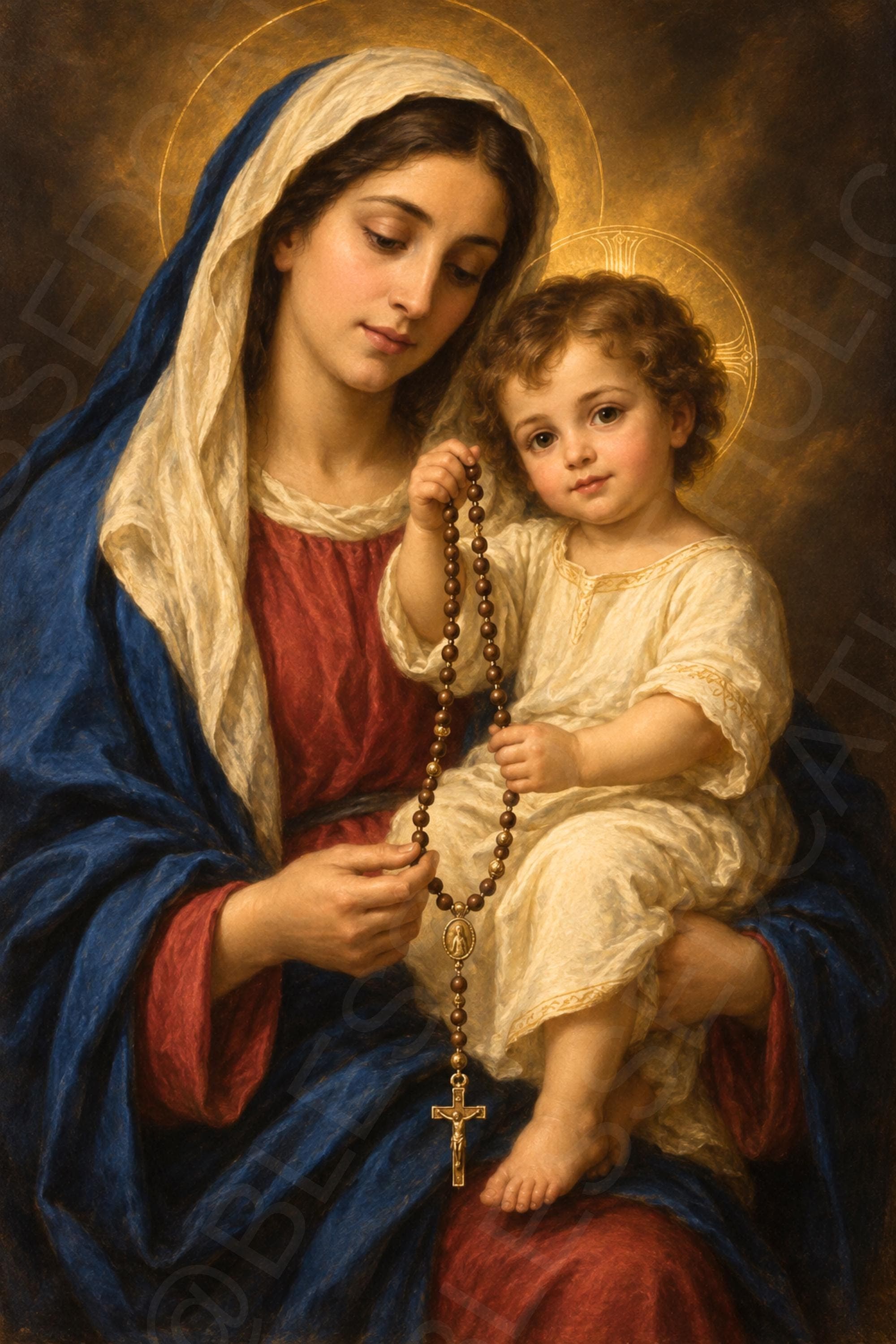 Our Lady of the Rosary holds the Christ Child as they share a rosary with a crucifix, both encircled by golden halos against a warm dark background.