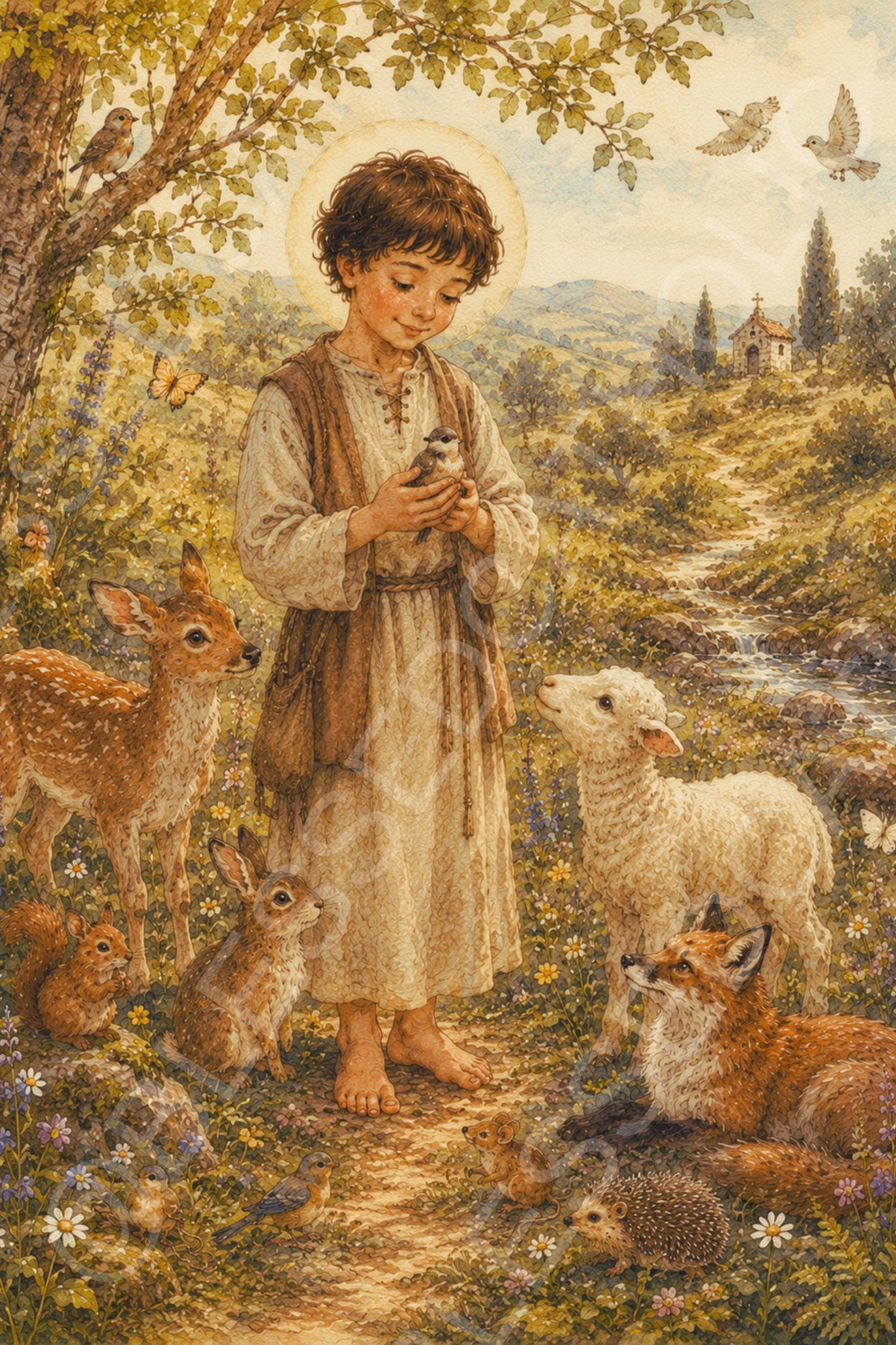 Child Saint Francis of Assisi stands barefoot with a halo, holding a small bird among a lamb, fawn, fox, rabbits, birds, and other woodland creatures.