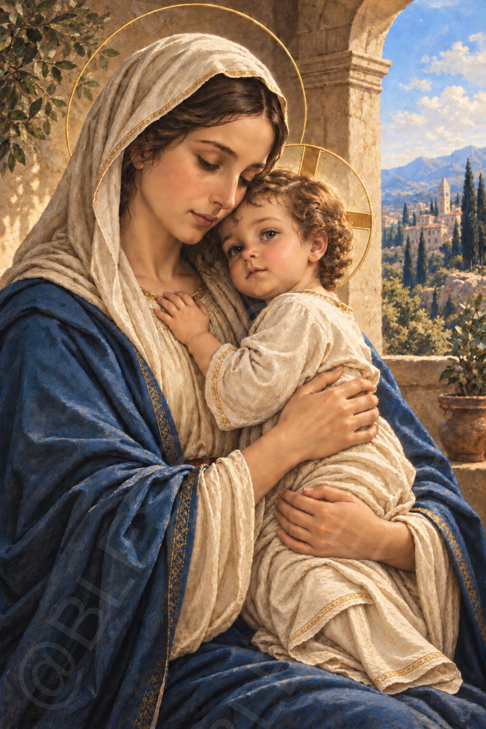 The Blessed Virgin Mary holds the Child Jesus close beneath golden halos, wearing a blue mantle and white veil on a sunlit terrace with distant hills.