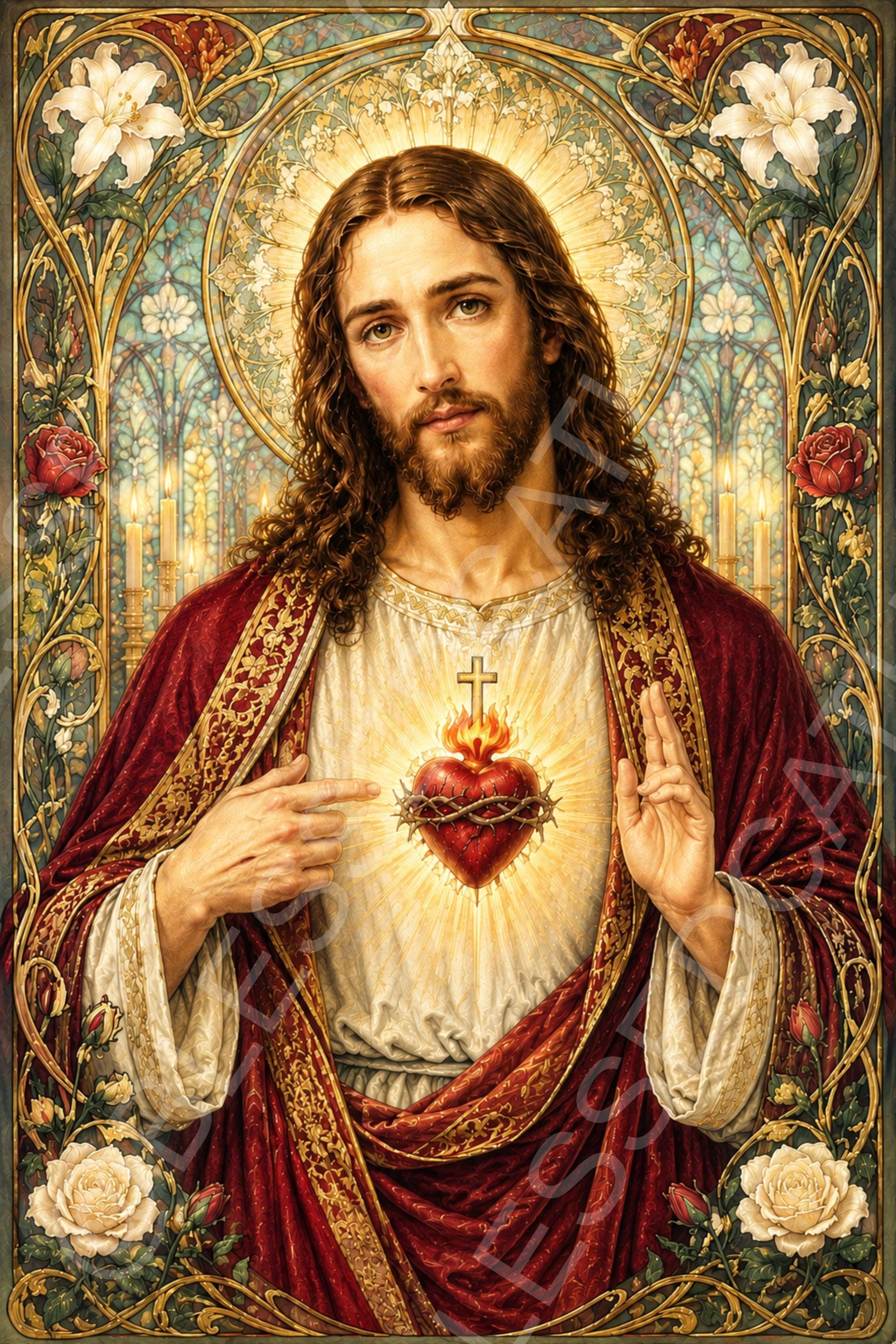 Sacred Heart of Jesus Art Nouveau Picture: Catholic Jesus Christ Wall Artwork (Digital Download) - Etsy listing image 1