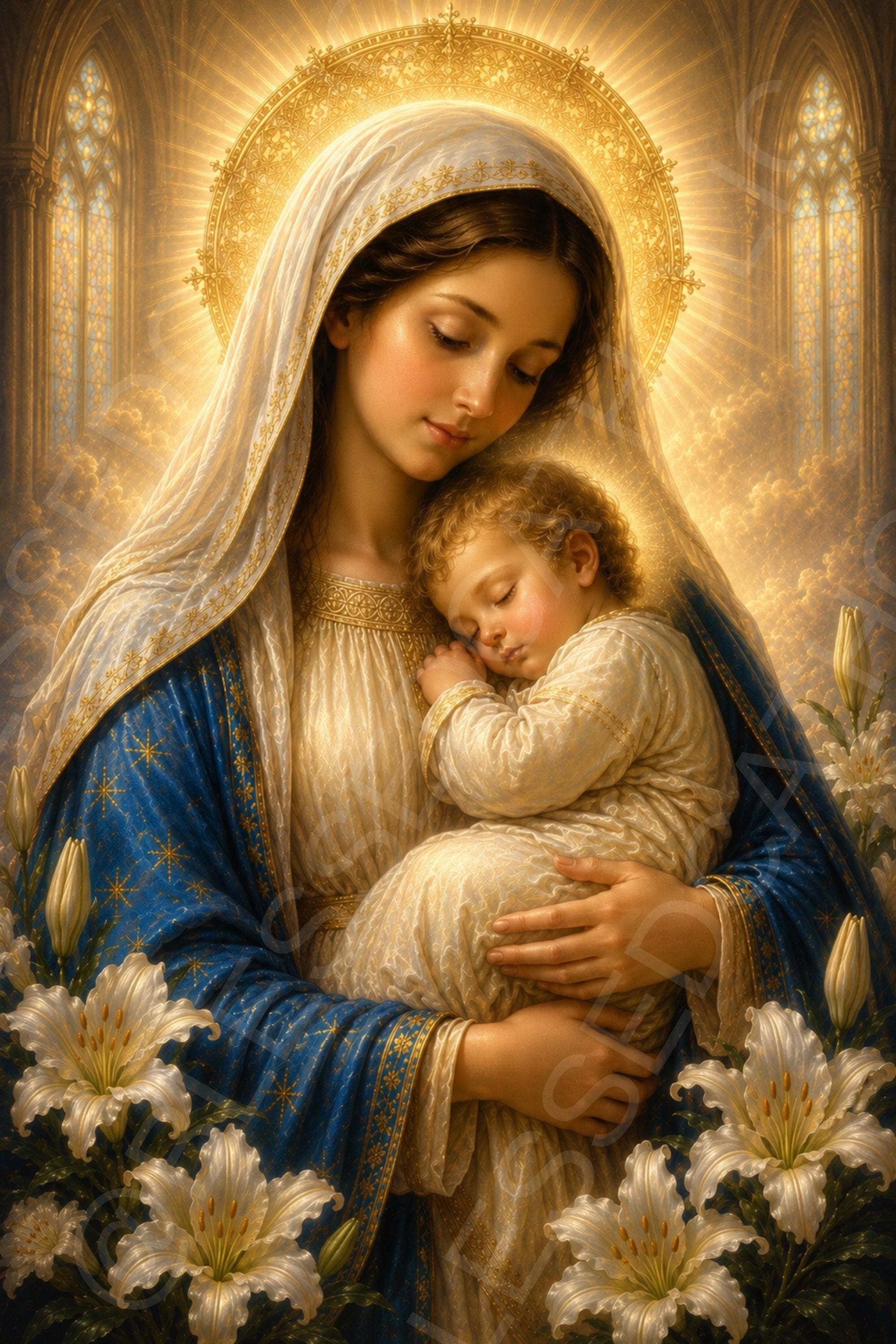 Madonna and Child with Lilies Catholic Art: Virgin Mary Holding Jesus Picture (Digital Download)