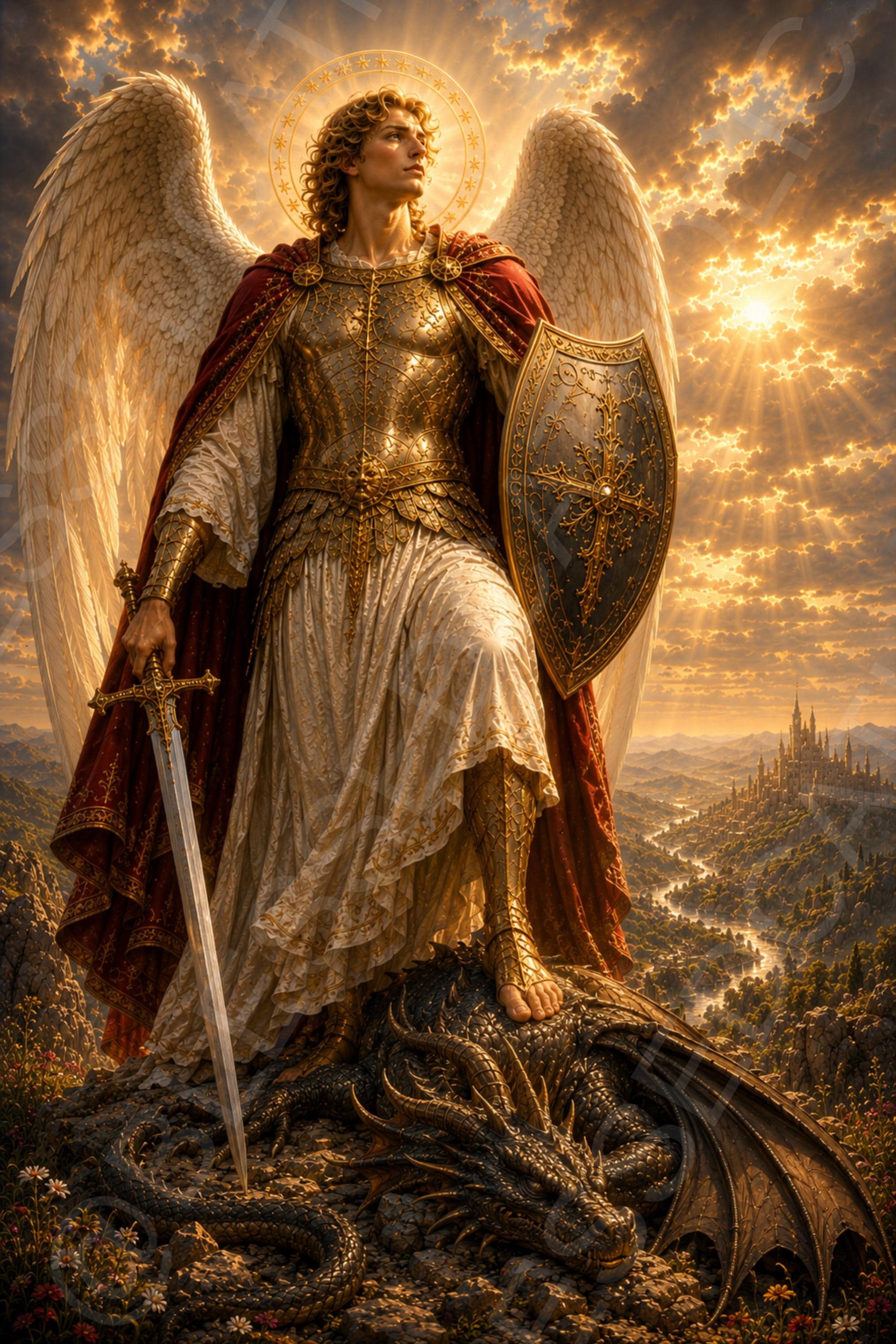 Saint Michael the Archangel stands in golden armor with wings, halo, sword, and shield, his foot resting on a defeated dragon beneath radiant clouds.