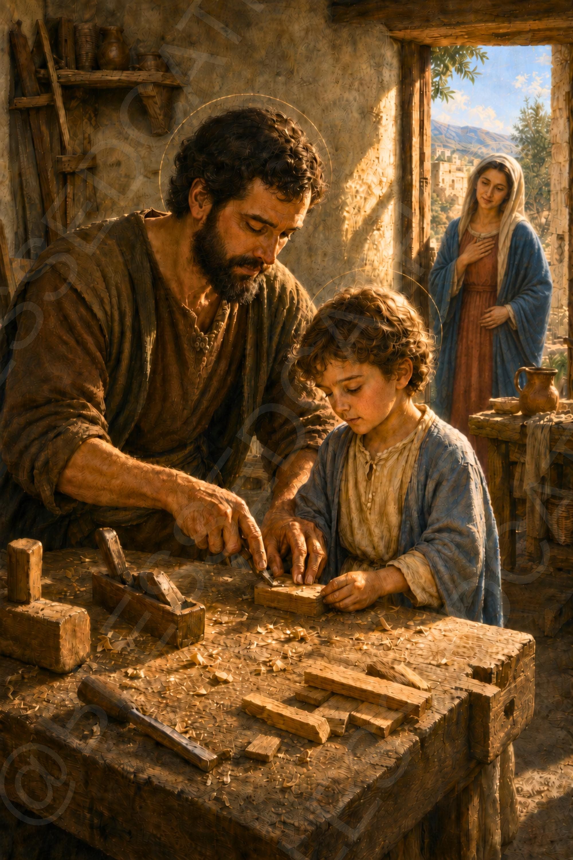 Saint Joseph guides the Child Jesus at a carpenter’s workbench while the Blessed Virgin Mary watches from a sunlit doorway in Nazareth.