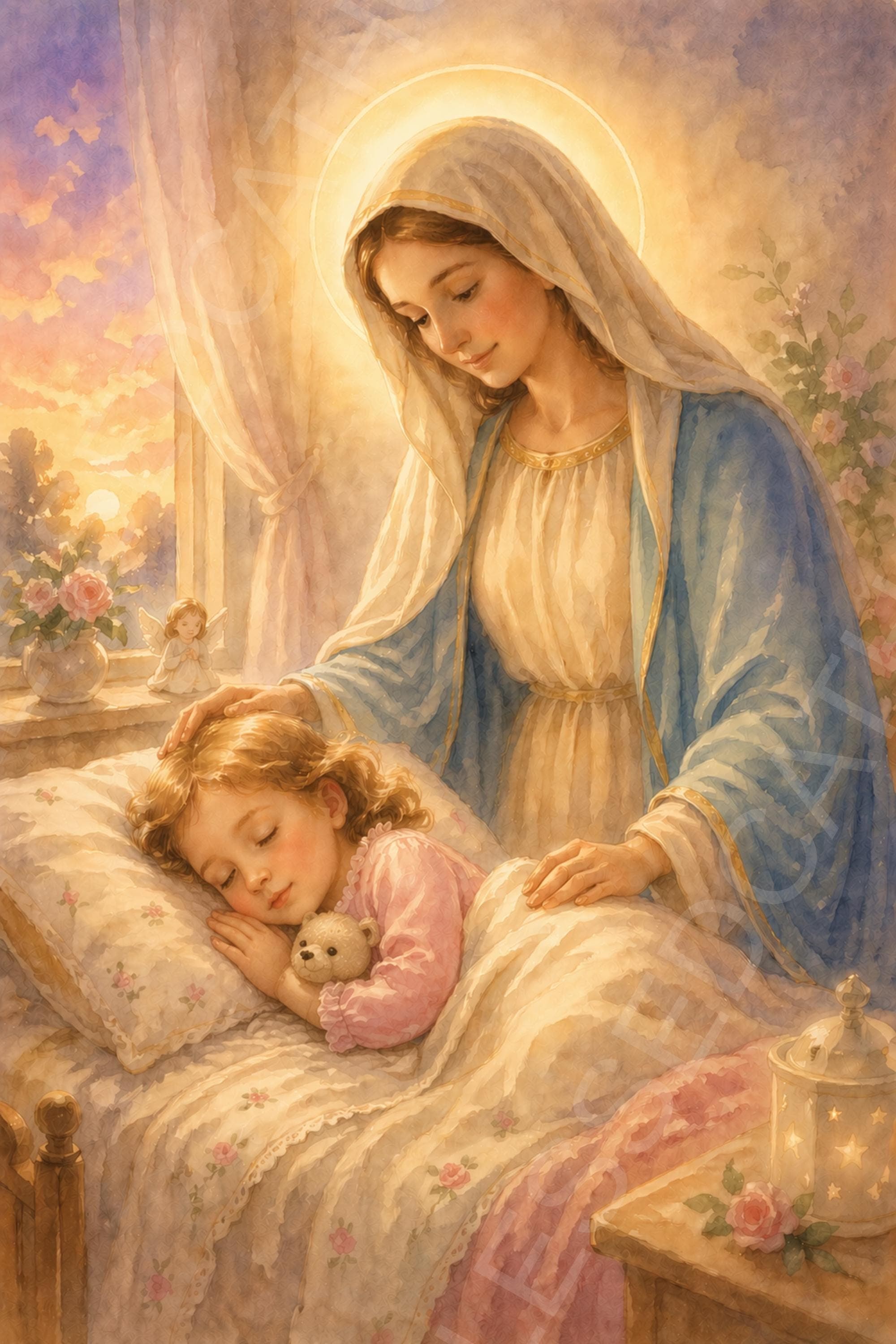 Mary Watching Sleeping Child Art: Little Saints - Angels Collection (Instant Download)