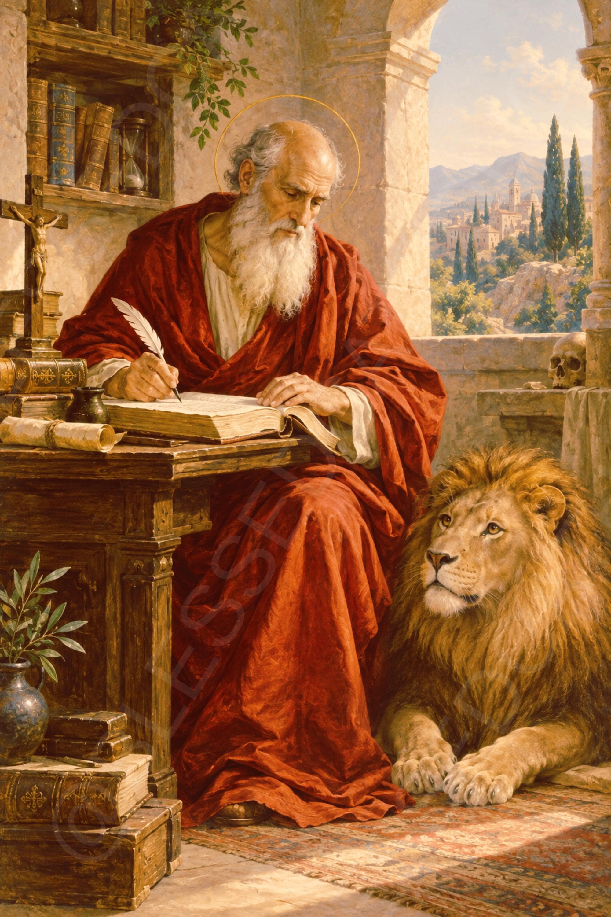 Saint Jerome sits in a red robe with a halo, writing with a quill beside books, a crucifix, a skull, and a lion in an arched study.