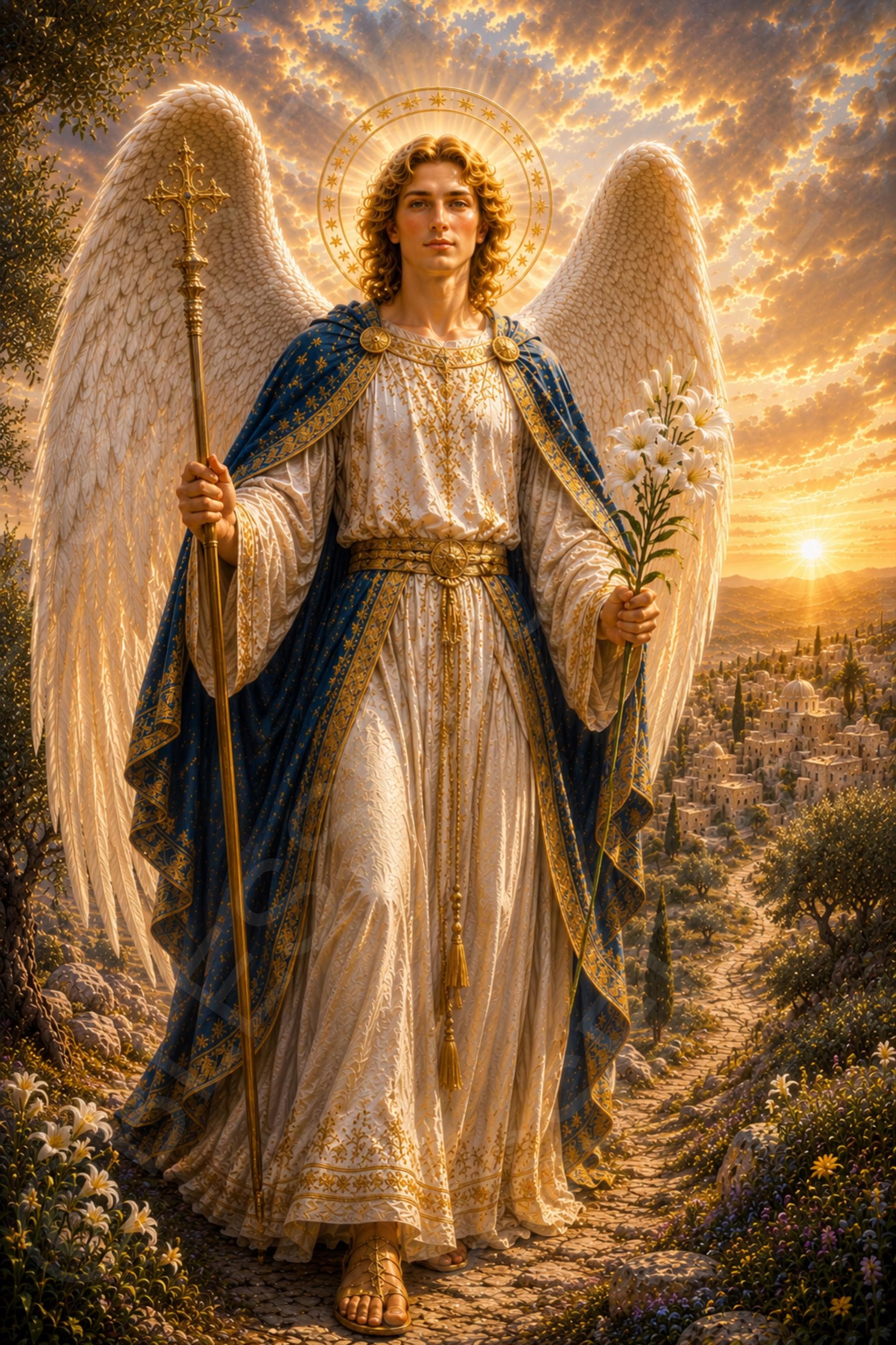 Saint Gabriel the Archangel stands with white wings before a sunlit city, wearing ivory and blue robes, holding white lilies and a golden scepter.