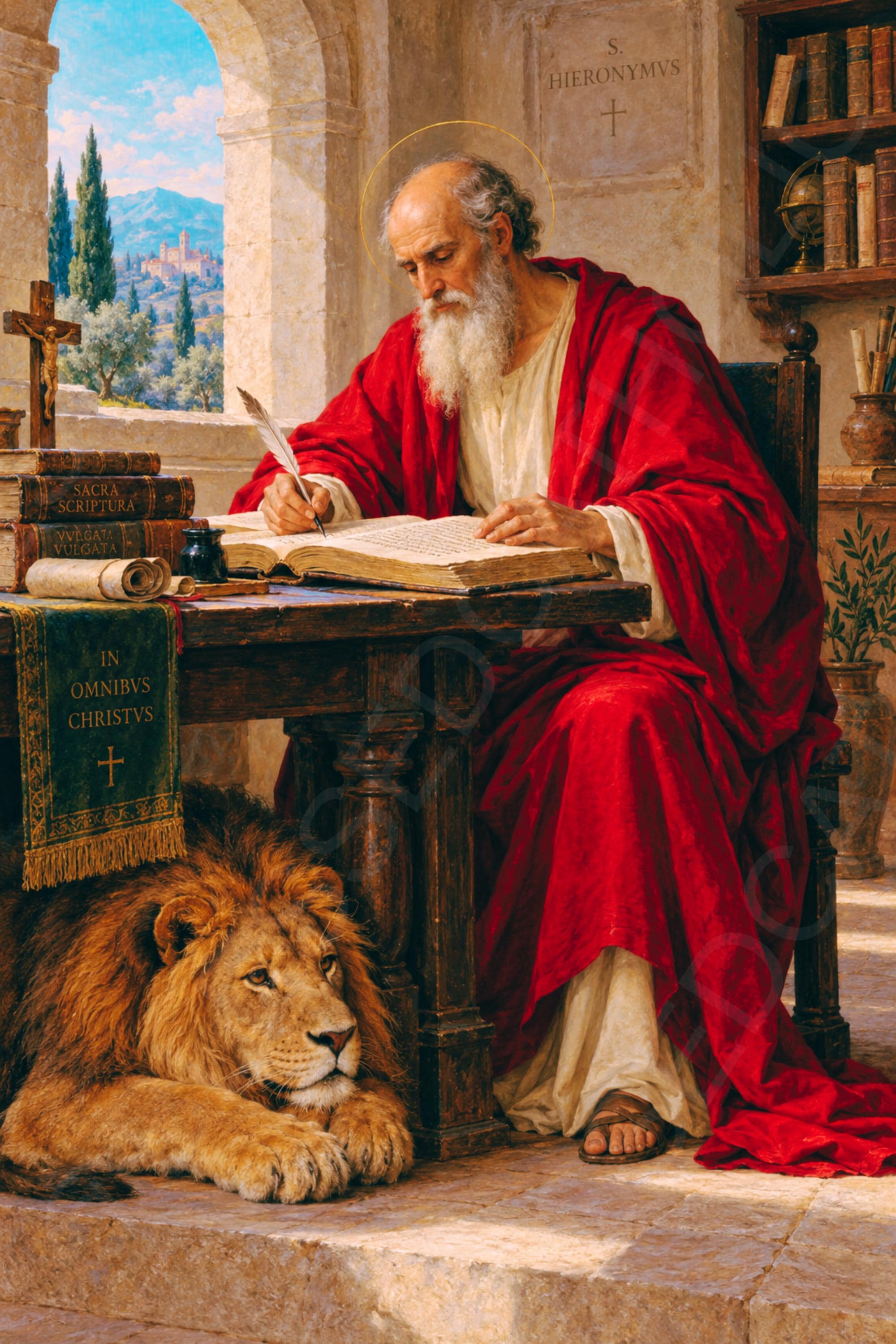 Saint Jerome sits writing at an open manuscript in a red mantle, with a halo, crucifix, books, and a lion resting beside his desk.