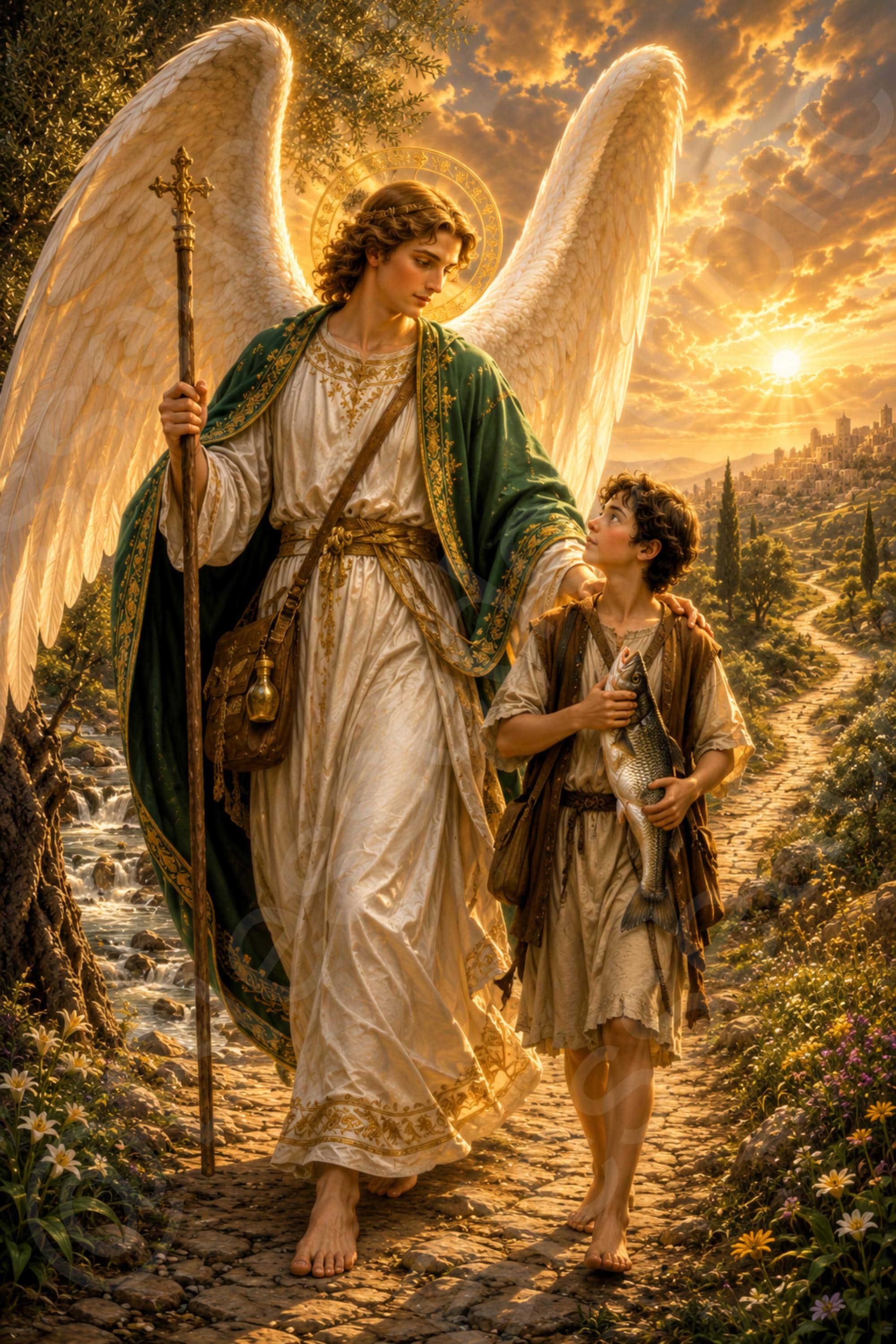 Saint Raphael the Archangel walks beside Tobias on a sunlit road, with large white wings, a cross-topped staff, and the boy carrying a fish.