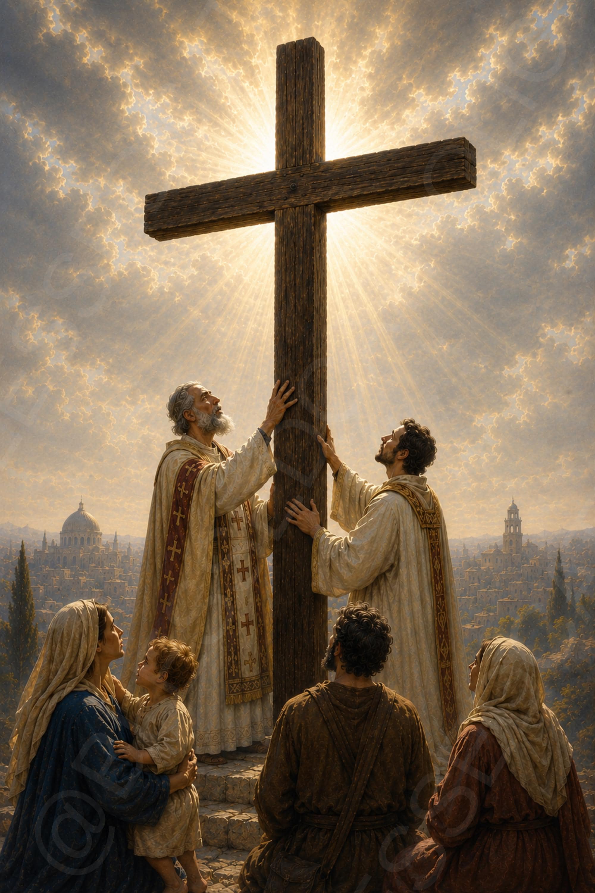 A towering wooden Holy Cross is raised in radiant clouds as vested clergy and kneeling faithful look upward from a city overlook.