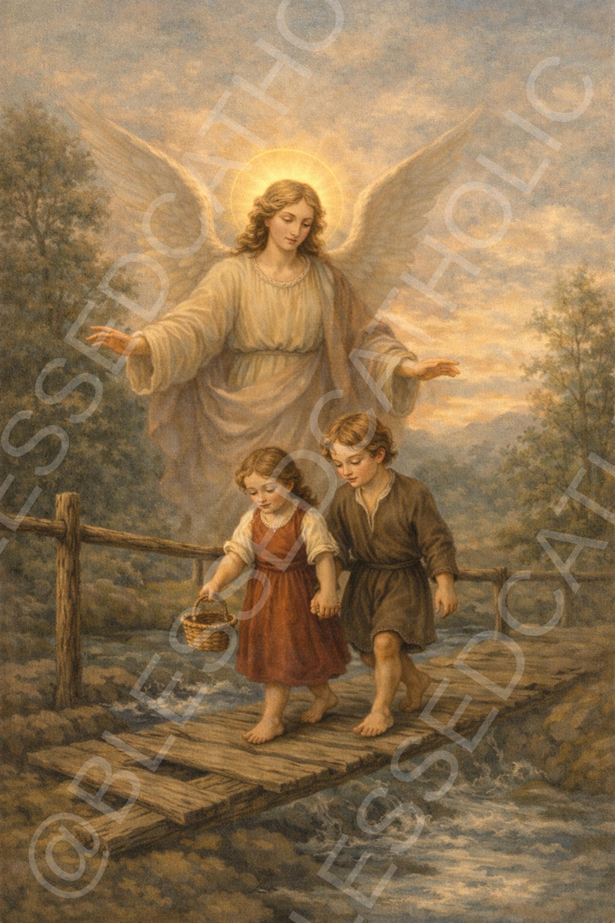 Classic Guardian Angel Watching Over Children: Catholic Digital Art (Instant Download)