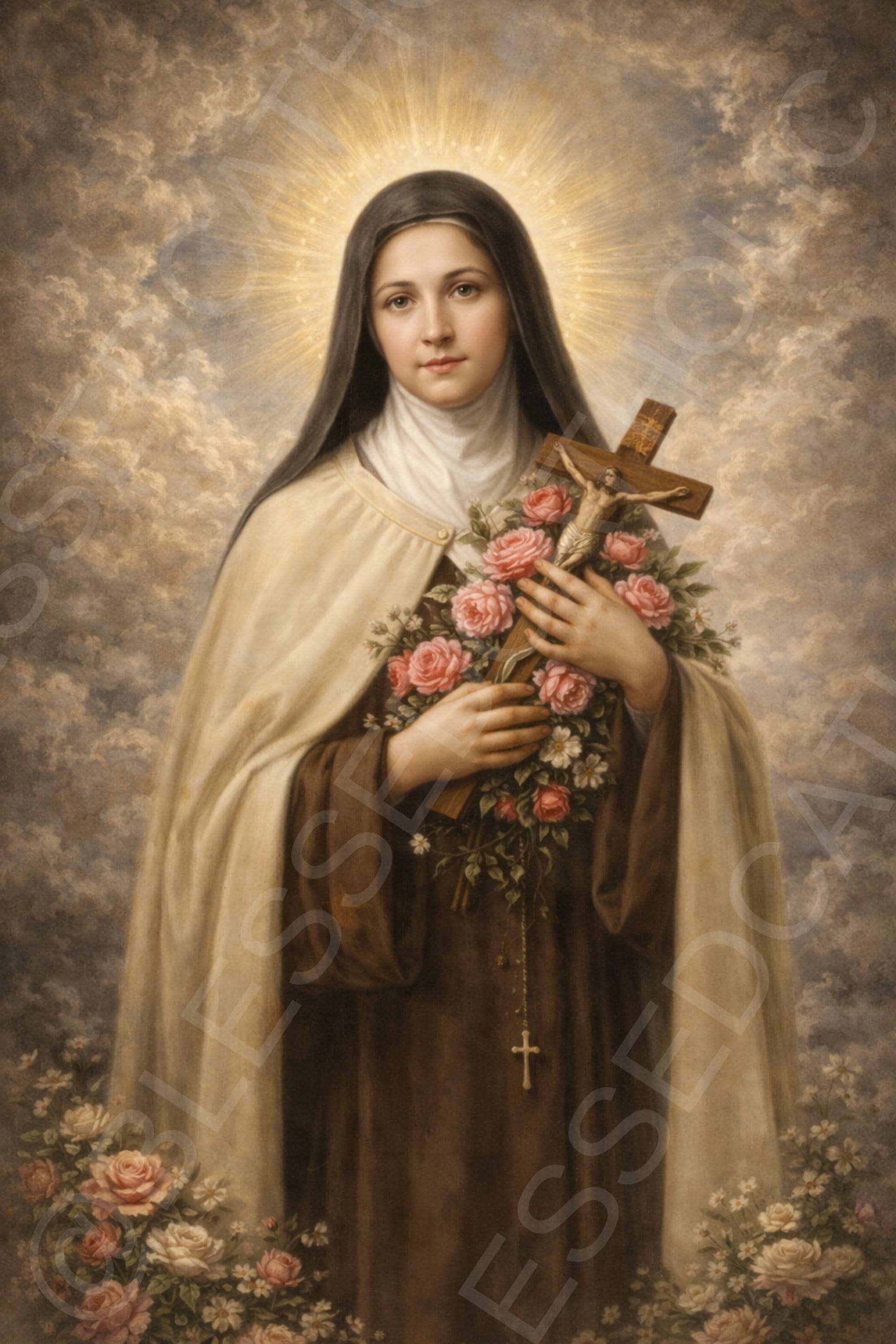 Saint Thérèse of Lisieux wears a Carmelite habit and holds a crucifix with pink roses before a radiant halo and cloudy sky.