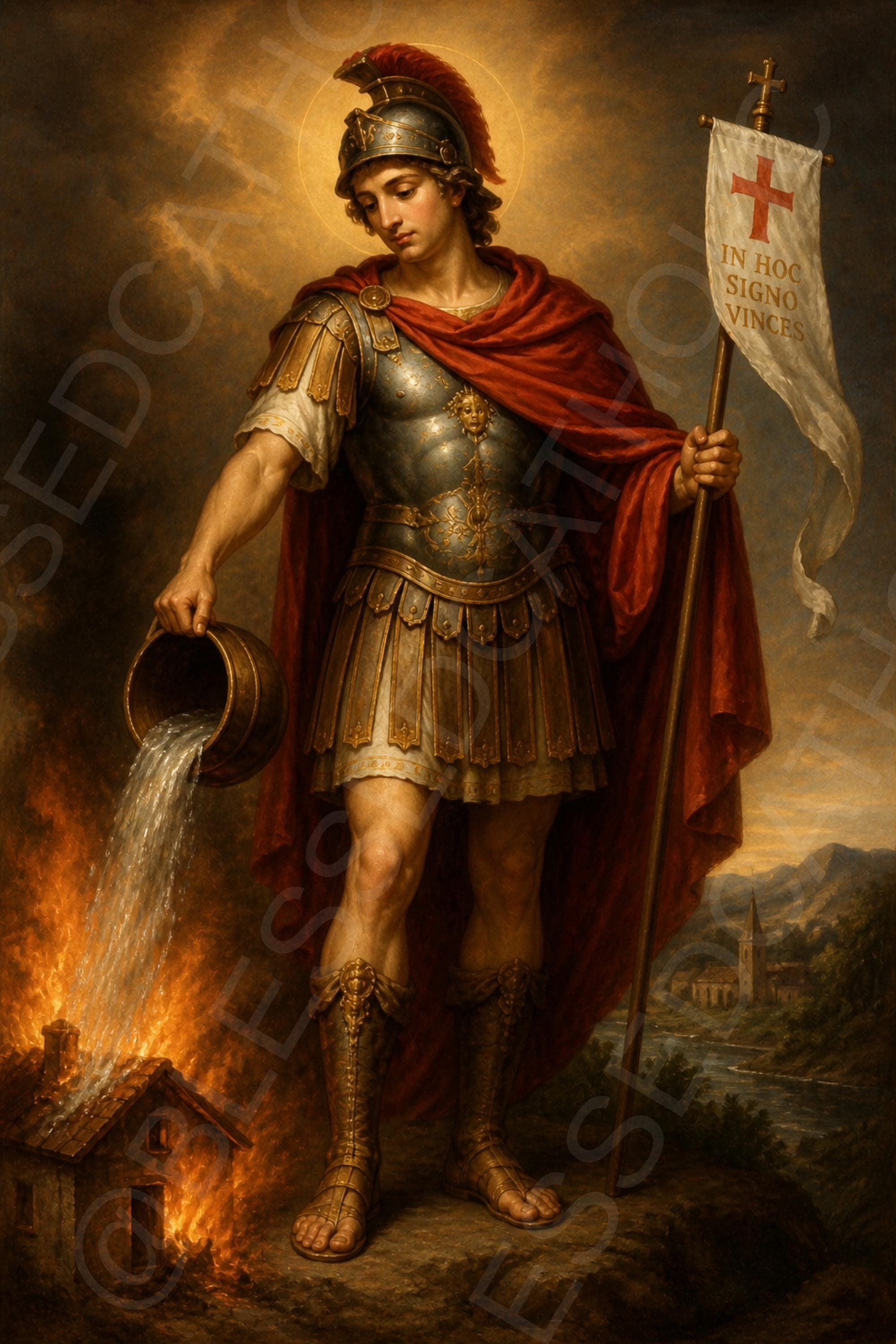 Saint Florian stands in Roman armor with a halo and red cloak, pouring water onto a burning house while holding a cross-topped standard.