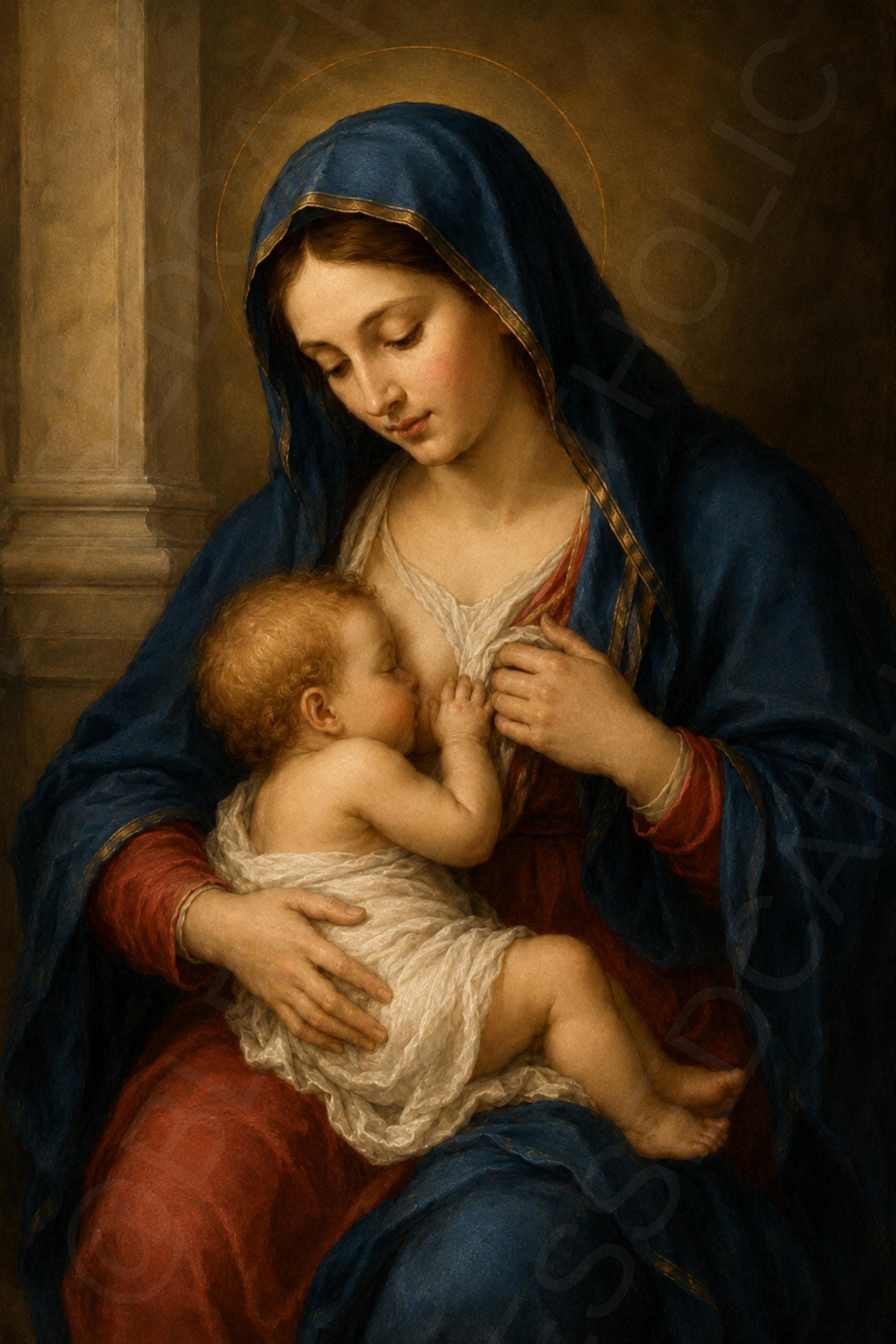 Our Lady of La Leche nurses the infant Jesus while wearing a deep blue mantle and red garment, with a halo and warm interior light.