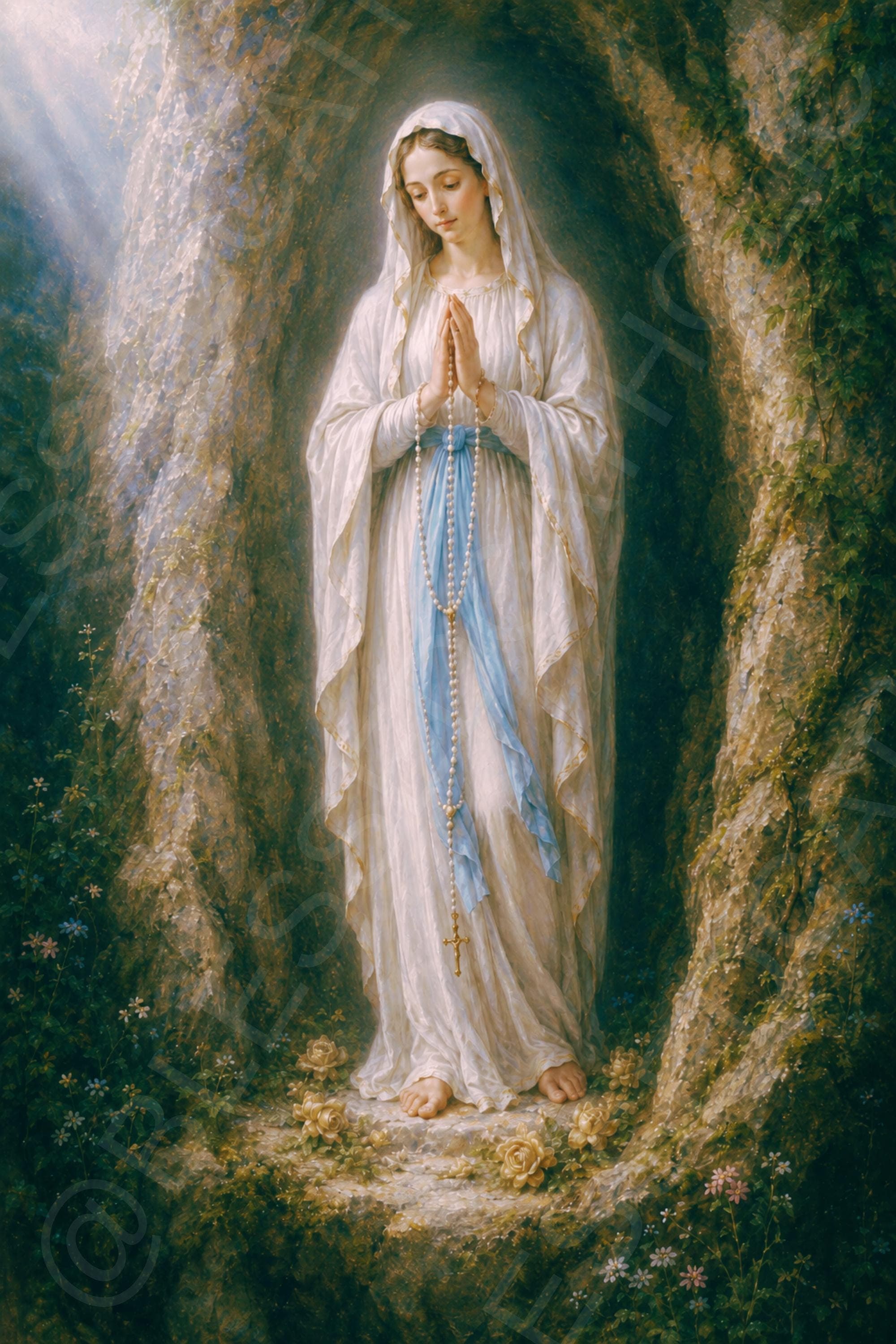 Our Lady of Lourdes stands in a rocky grotto with hands joined in prayer, wearing white garments with a blue sash and holding a long rosary.