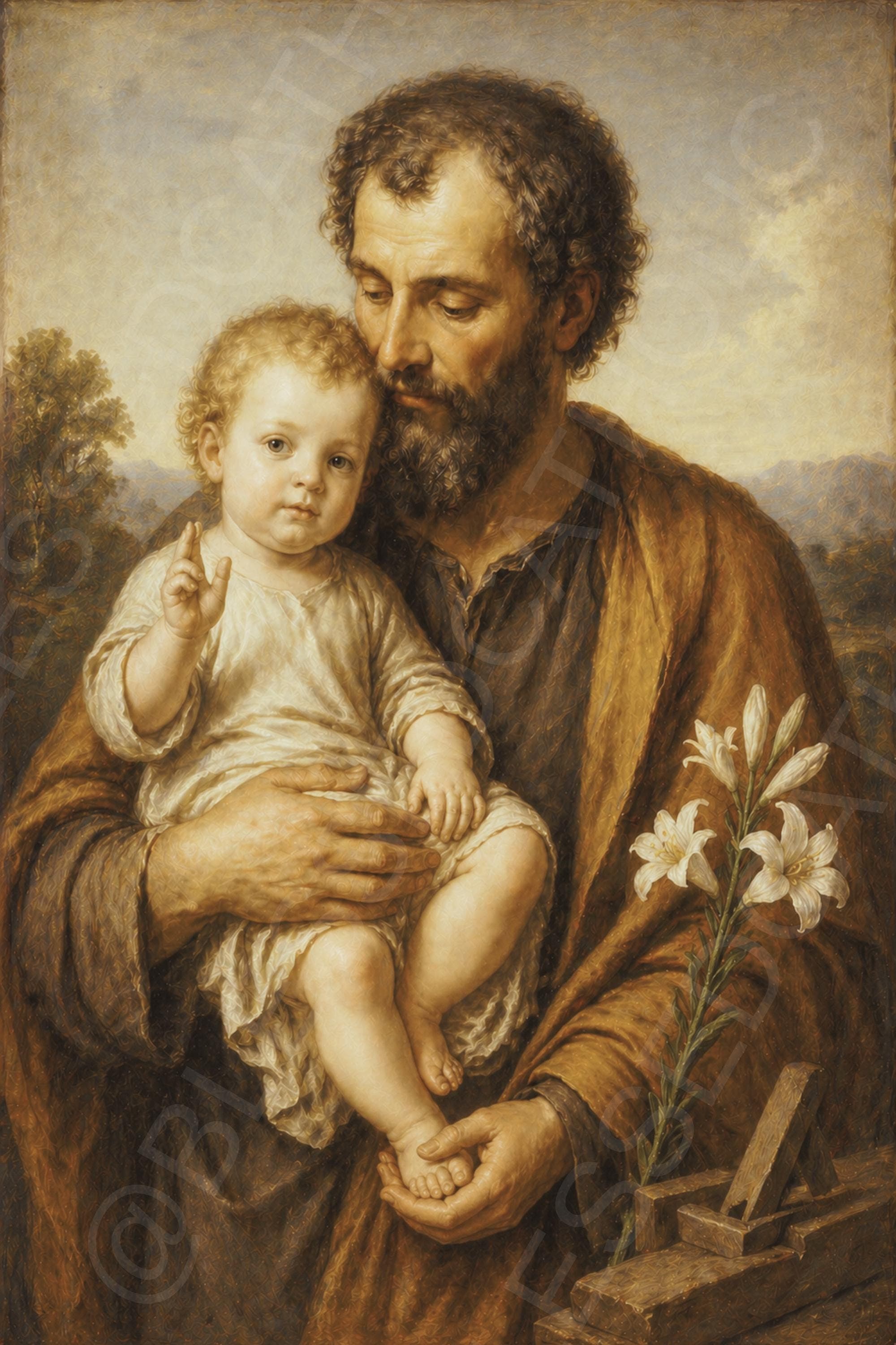 Saint Joseph holds the Child Jesus, who raises a blessing hand, with white lilies and carpentry tools beside them in a warm landscape.