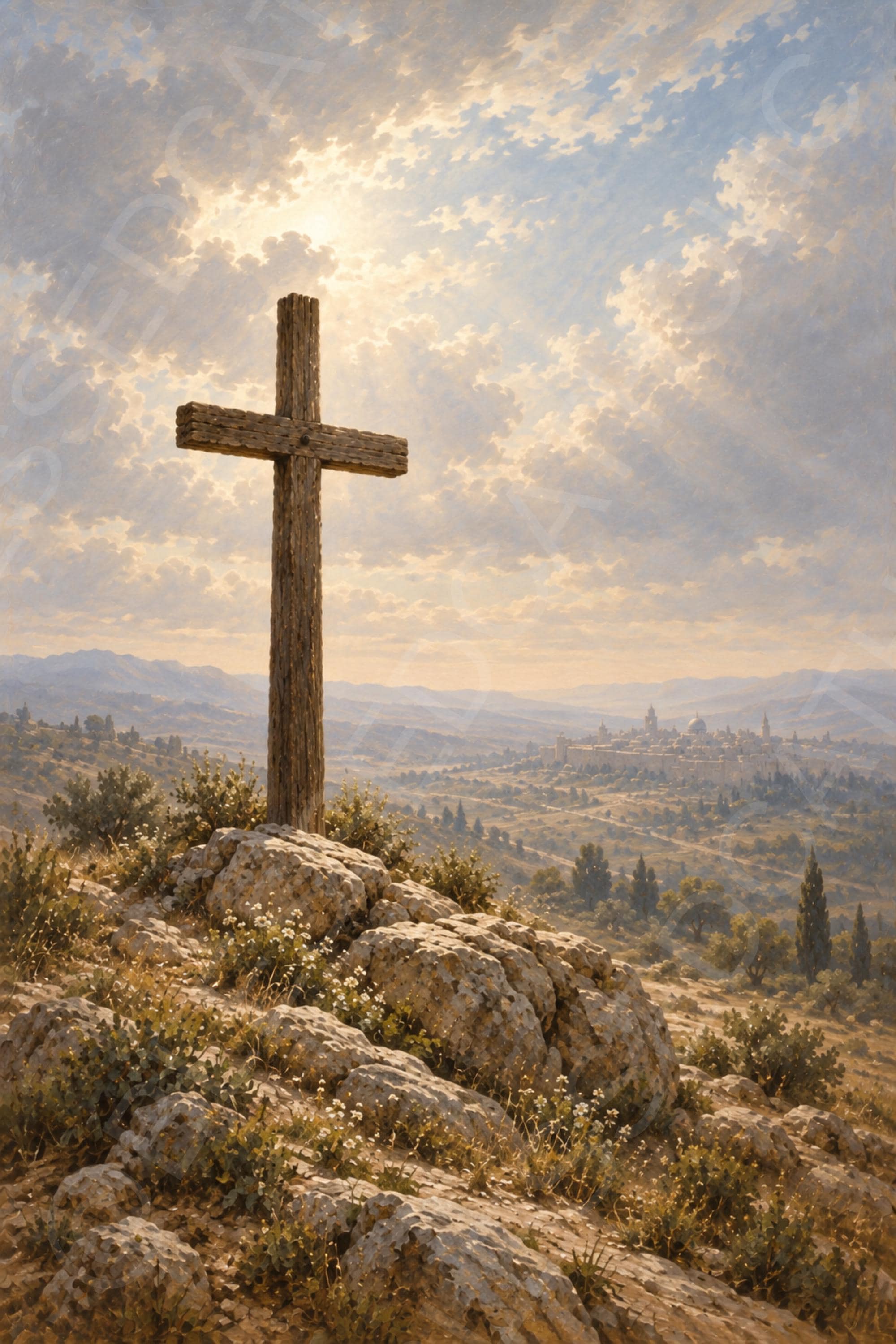 A wooden Holy Cross stands on a rocky hillside with wildflowers, overlooking a distant ancient city beneath a luminous cloud-filled sky.