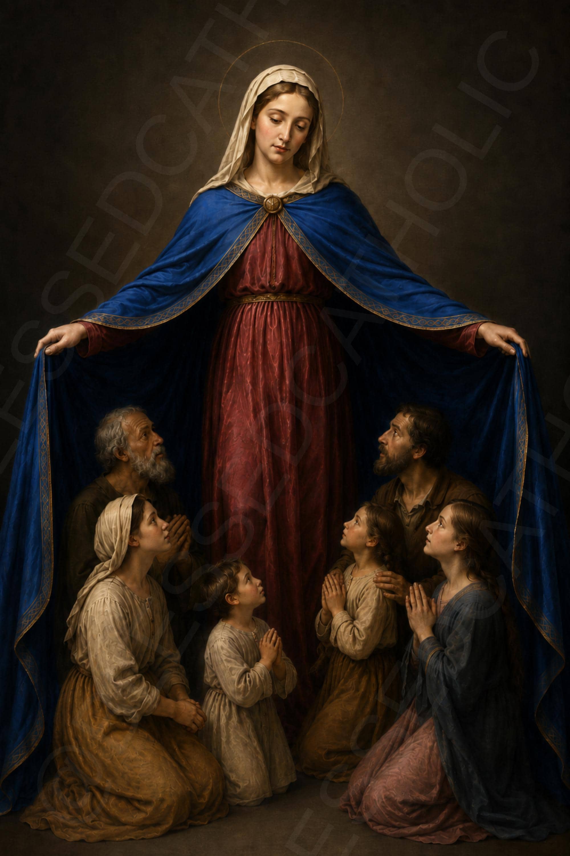 Our Lady of Mercy stands with a halo and open blue mantle, sheltering kneeling men, women, and children who look upward in prayer.