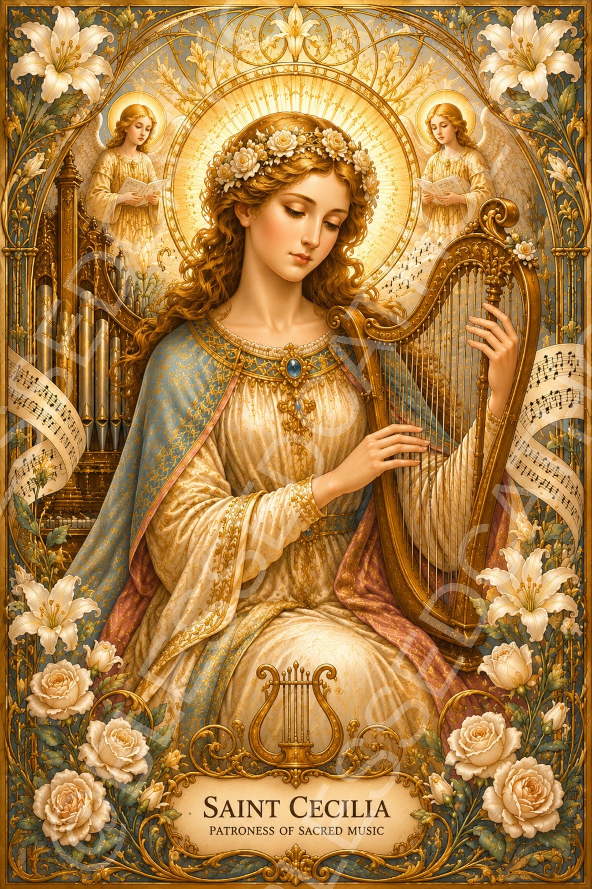 Saint Cecilia Art Nouveau Catholic Artwork: Patron Saint of Music (Digital Download) - Etsy listing image 1