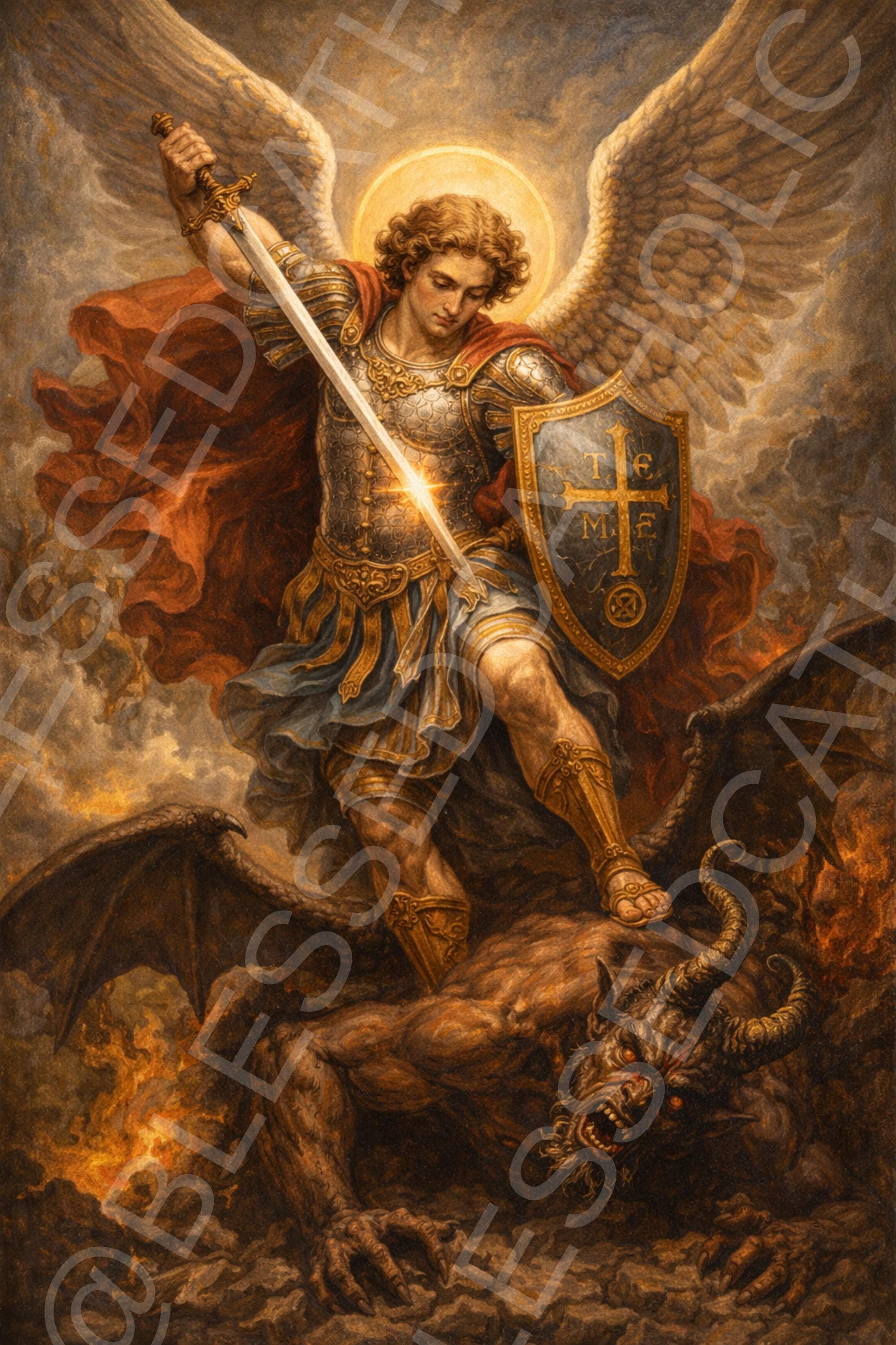 Saint Michael the Archangel stands in armor with wings, halo, sword, and cross-marked shield as he subdues a horned dragon-like Satan beneath his feet.