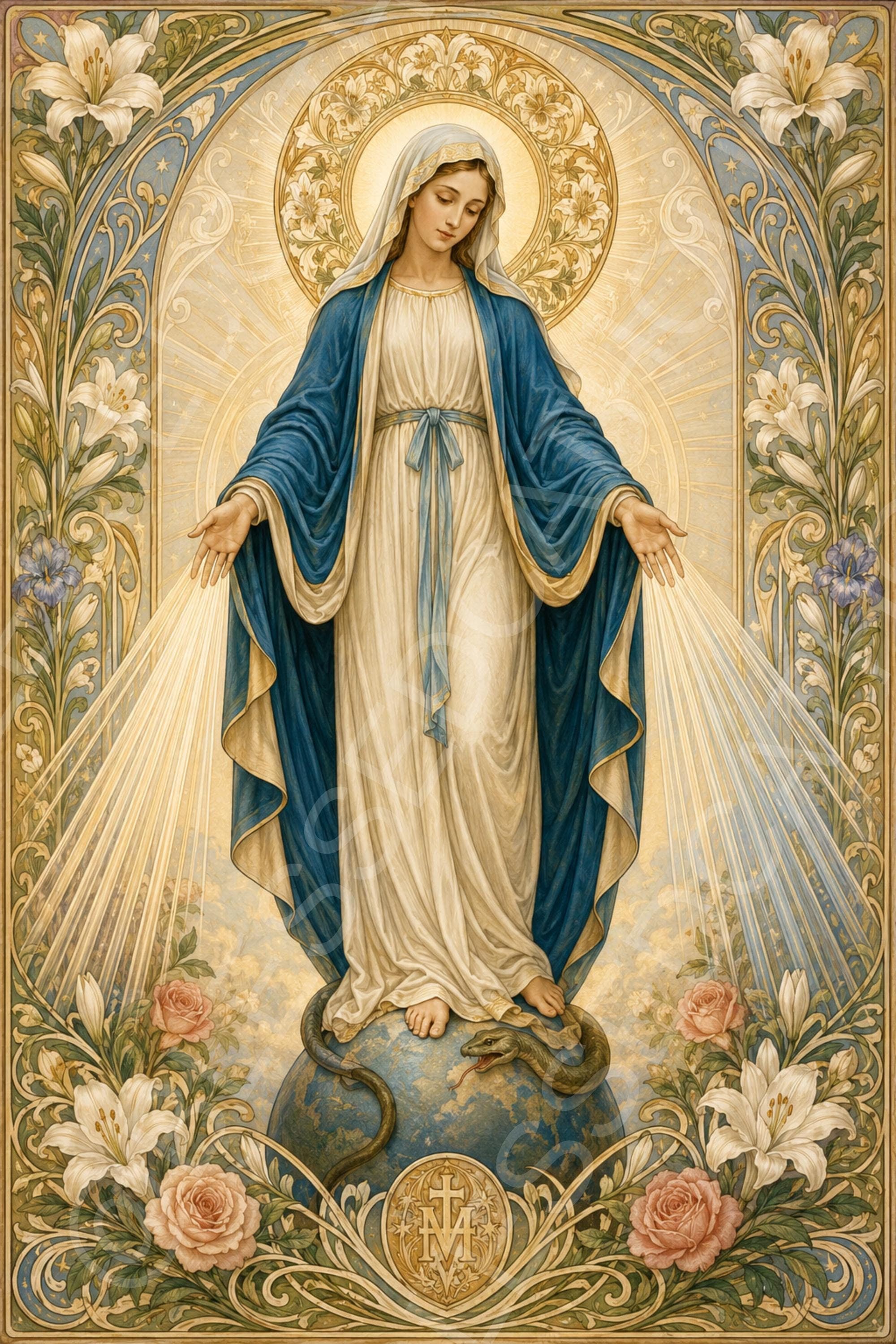 Our Lady of Grace Art Nouveau Printable: Miraculous Medal Art (Digital Download) - Etsy listing image 1